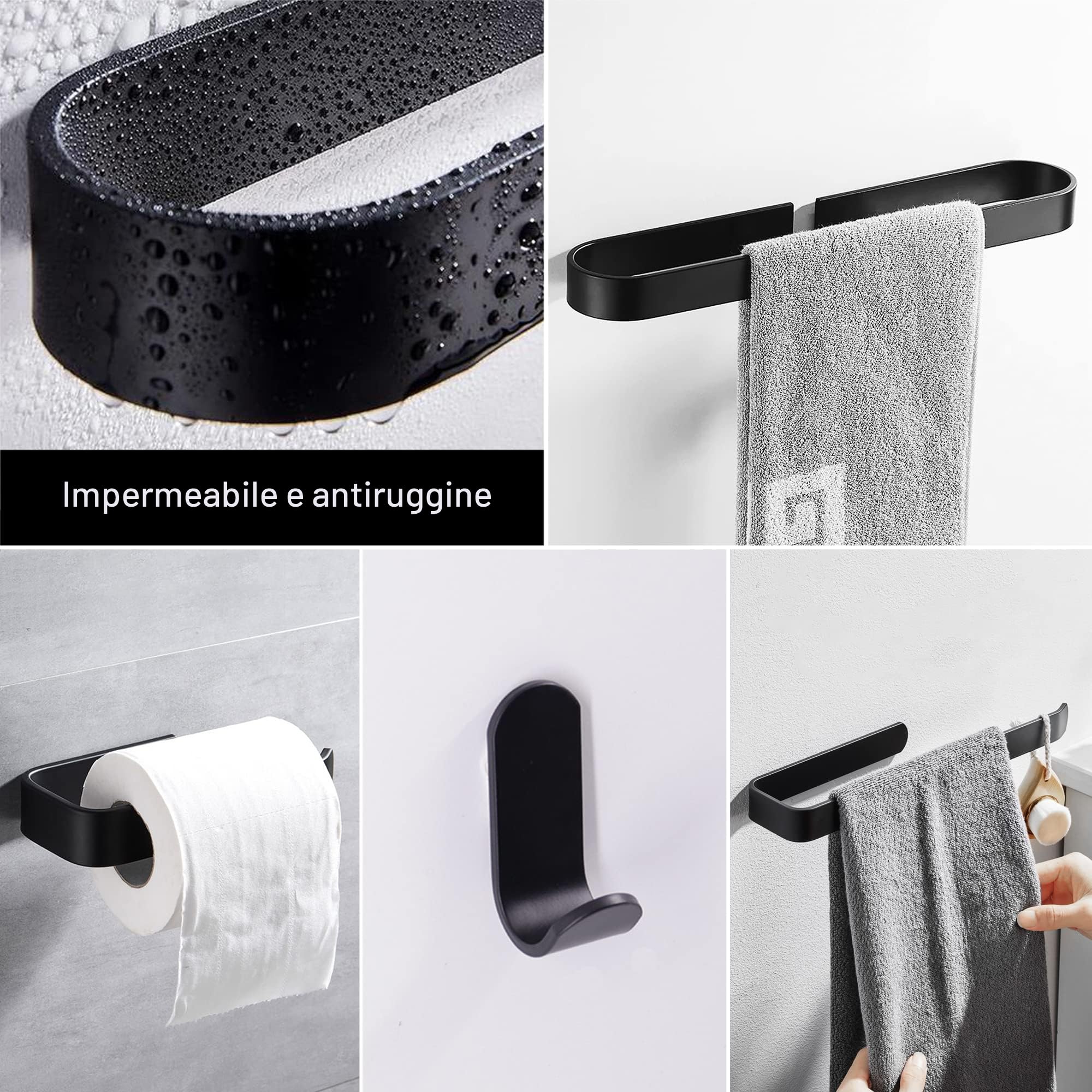 Set di accessori da bagno nero opaco 7 pezzi hardware adesivo portasciugamani carta igienica ganci per accappatoio