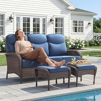 HUMMUH Outdoor Wicker Patio Sofa with Ottomans, 3-Piece, High Back | 6 in seat and back cushions, PE rattan, steel frames, Olefin covers, for deck, yard, porch, and poolside