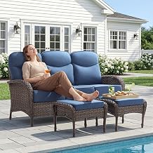 HUMMUH Outdoor Couch with 6-inch Thick Cushion, Luxury High Back Patio Furniture Set -Patio Sofa with Ottomans,3PCS Wicker Conversation Set for Deck Yard and Porch