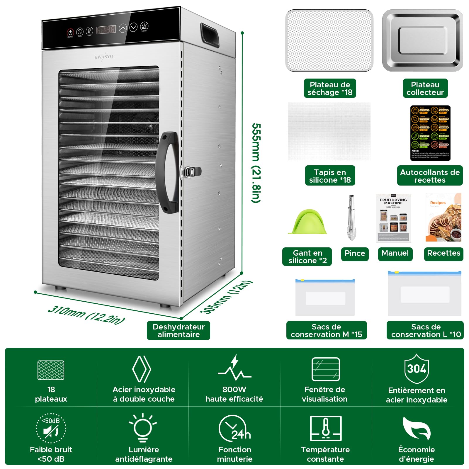 Kwasyo Déshydrateur Alimentaire Professionnel 18 Plateaux, 800W Déshydrateur en Acier Inoxydable avec Circulation d’Air à 360°, Grande Capacité pour Viande, Fruits, Légumes, Herbes