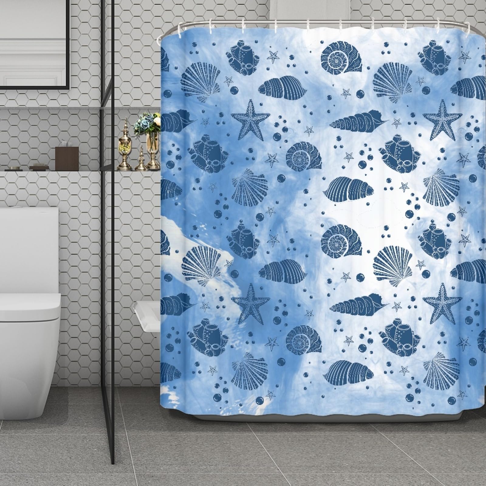 Rideau de douche 180x200 bleu en tissu lavable avec motif étoile de mer