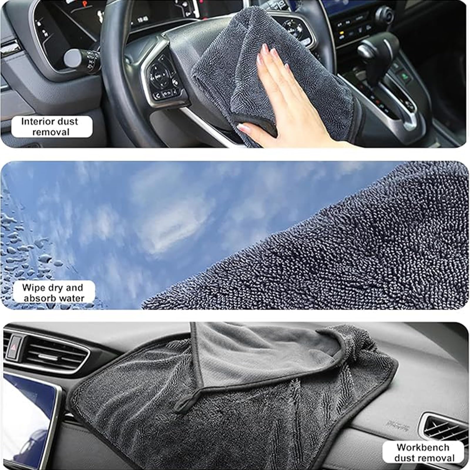 Ręczniki do suszenia Twisted Loop, Ręczniki z mikrofibry Detail Plusz - Delikatny dotyk, Do wnętrz samochodowych, Powierzchnie szklane, Powierzchnia cienka(3pack)