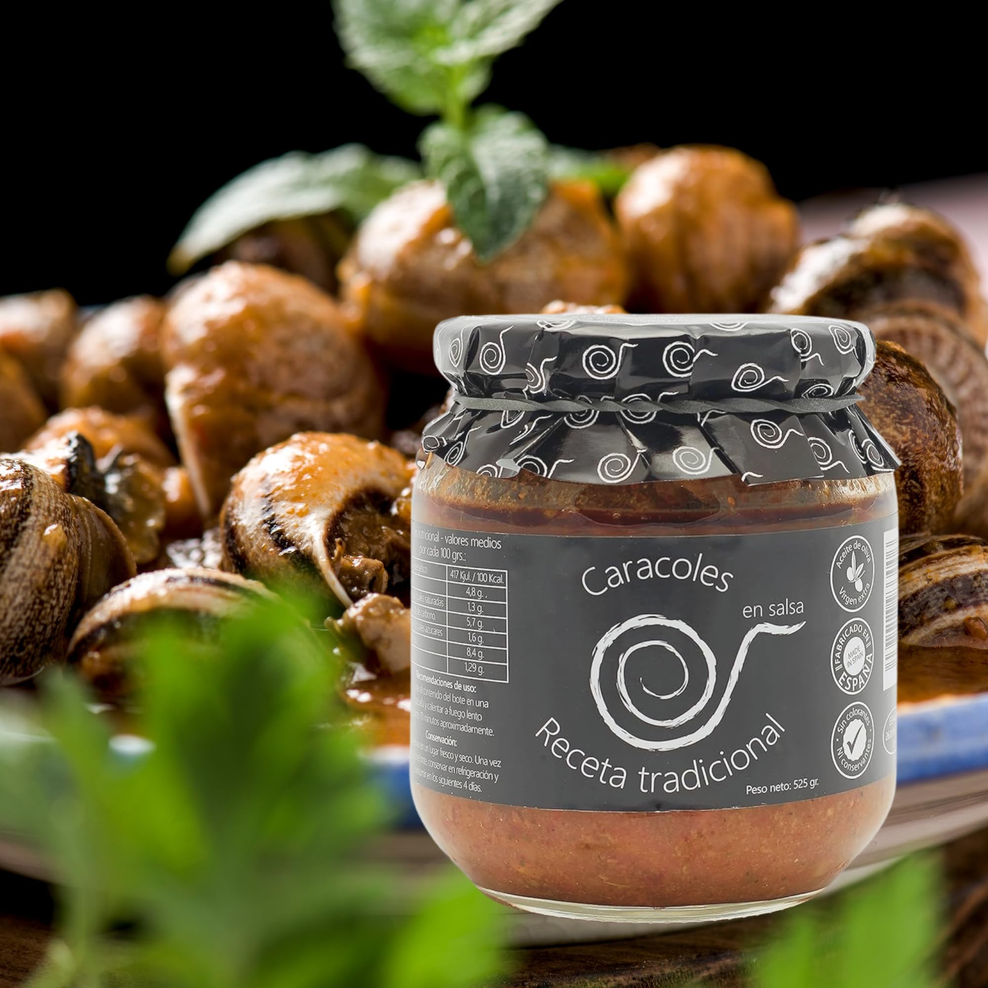 Escargots en sauce. Escargots cuits 550grs. Recette familiale, maison et artisanale. Escargots mijotés. Conserves gourmandes. Cadeau original pour tout le monde. Produit 100% fabriqué en Espagne.