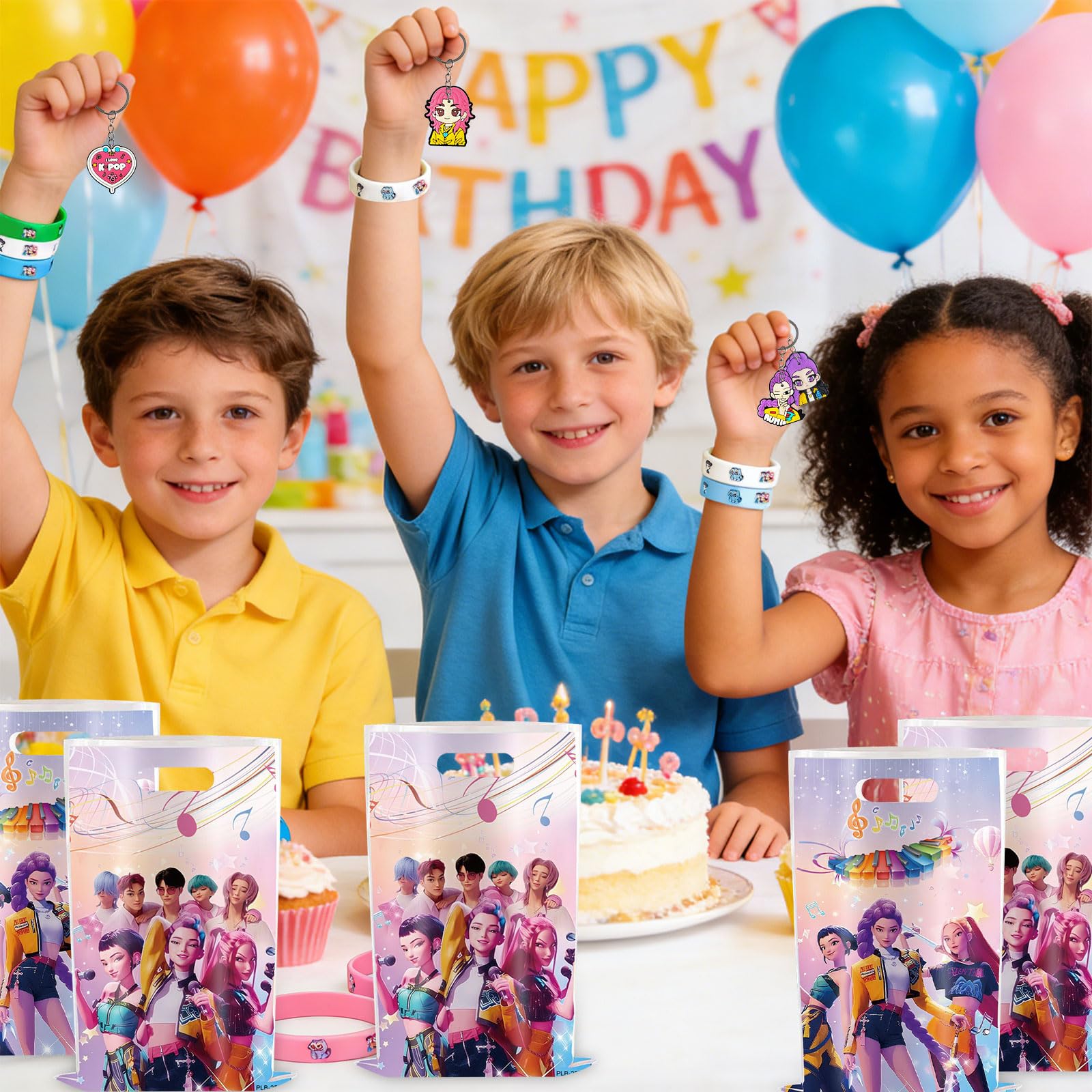 Huntrix, regalo di compleanno anime, 148 pezzi, regalo di compleanno per bambini, regalo di compleanno con braccialetto, adesivi, portachiavi Huntrix, sacchetto regalo per feste