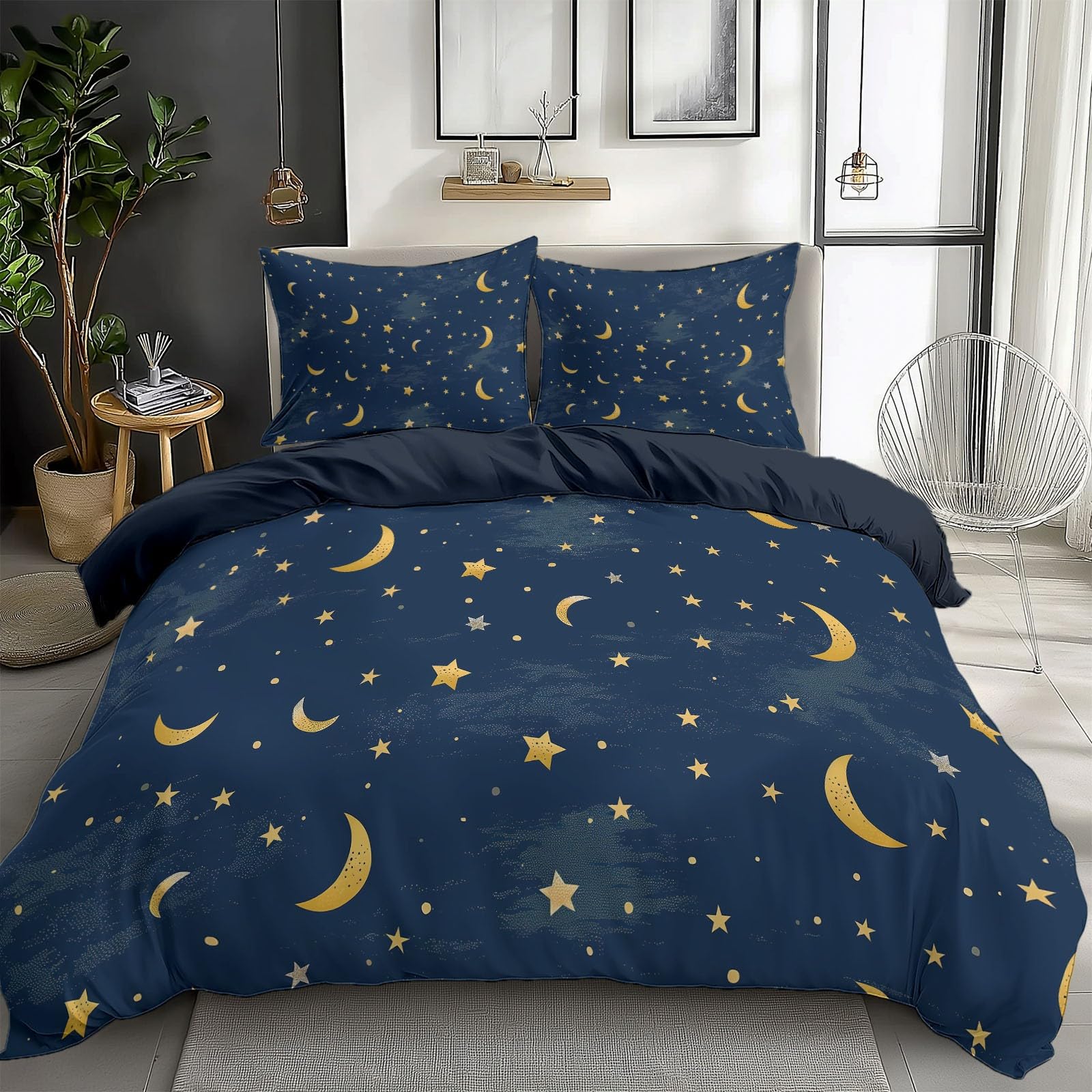CozyRest Juego de Fundas Nórdicas Suave 3 Piezas para Cama 105 - Estrellas y Luna Tema de Cielo Estrellado Patrón Funda Edredón Poliéster Algodón 180 x 220 cm + 2 Funda de Almohada 50x75, Azul
