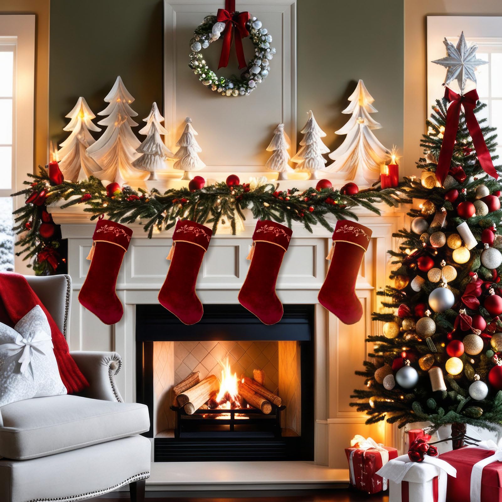 Kinlop 4 Stück 45,7 cm große rote Weihnachtsstrümpfe, Stechpalme, bestickt, Samt, Weihnachtsstrumpf, hängende dekorative Strümpfe, für Weihnachten, Familie, Kamin, Urlaub, Party-Dekorationen (Weinrot)