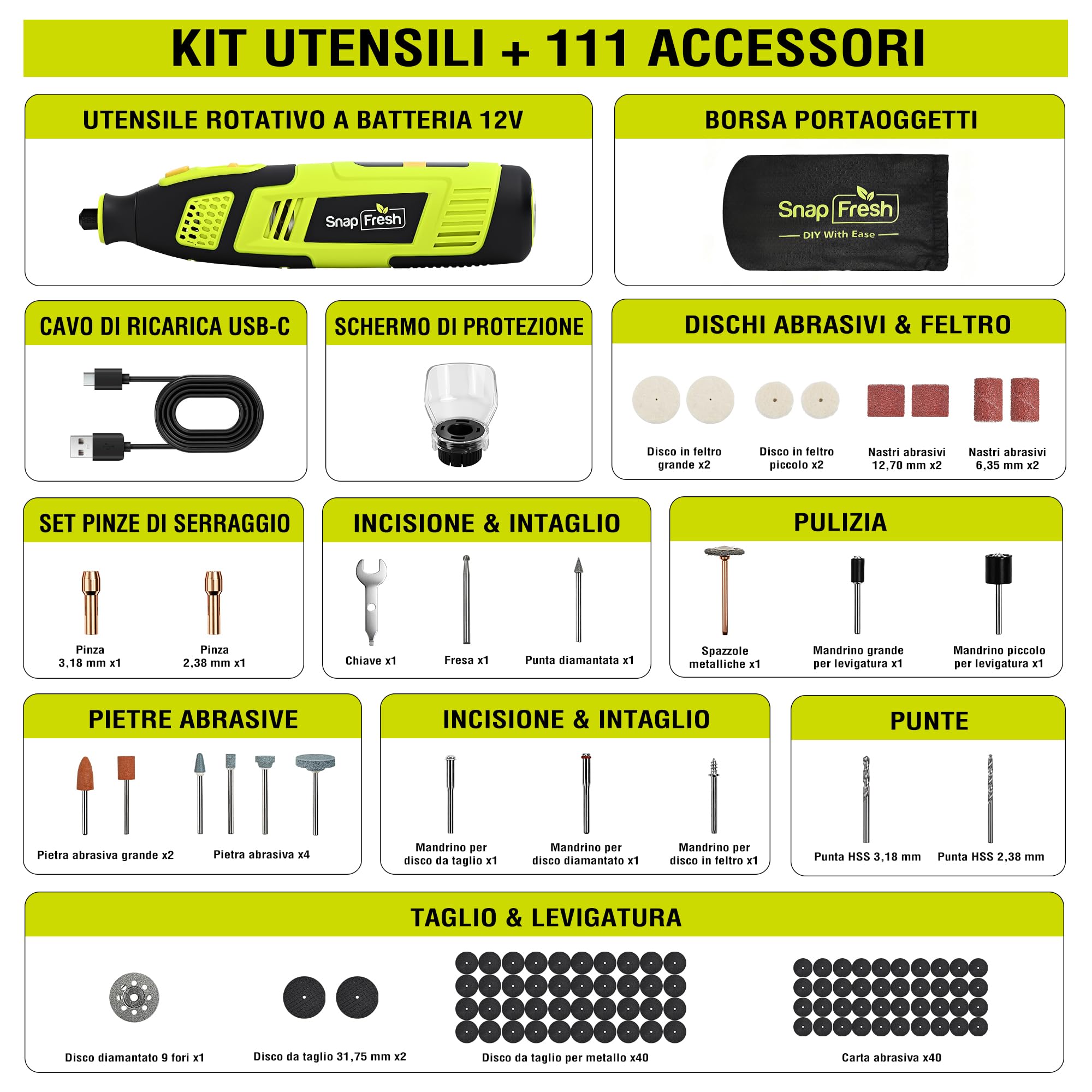 SnapFresh Utensile Rotante Multifunzione 12V Mini Trapano Elettrico, 111 Accessori, Velocità Variabile 5000–32000 giri/min, Display Digitale con Memoria, per Incisione, Levigatura, Lucidatura e Taglio