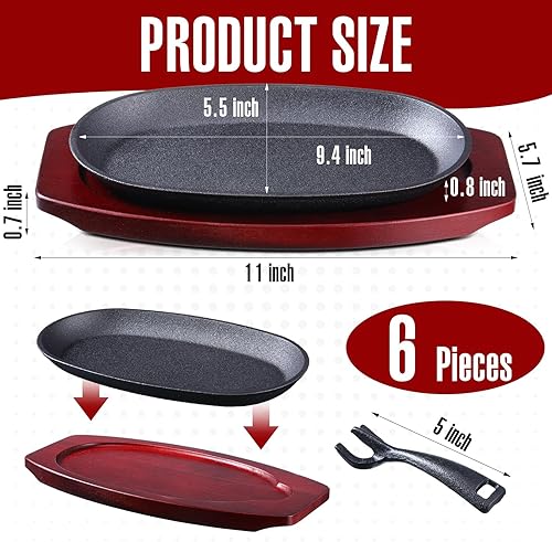 Miniatura 8 de Mifoci Juego de 12 sartenes ovaladas de hierro fundido para fajita, plato pequeño para carne chisporroteante con base de madera y mango de hierro