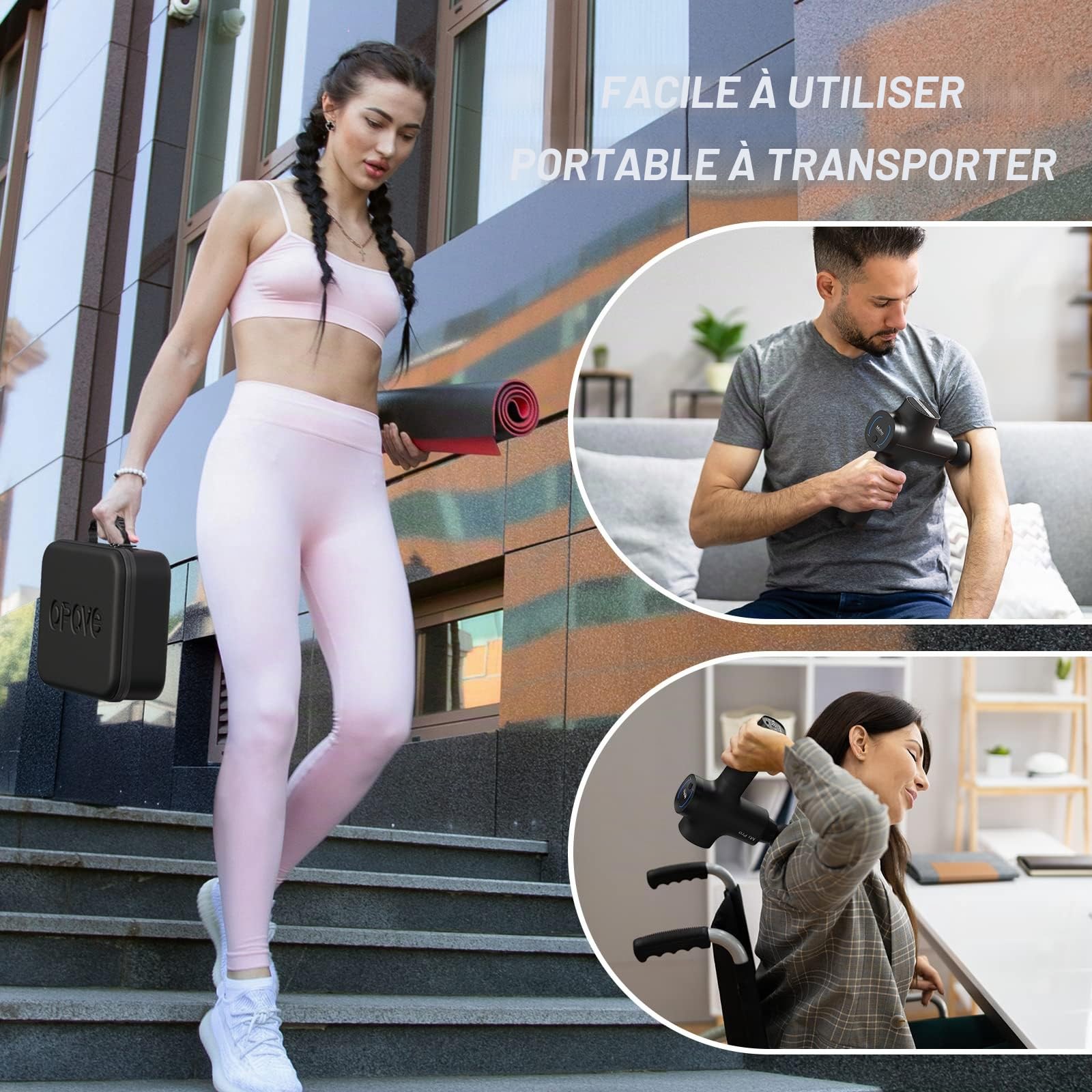 OPOVE Pistolet de massage Masseur musculaire Percussion des tissus profonds Masseur corporel électrique portabl de sport super silencieux pour la relaxation musculaire profonde, opove M3 Pro Noir