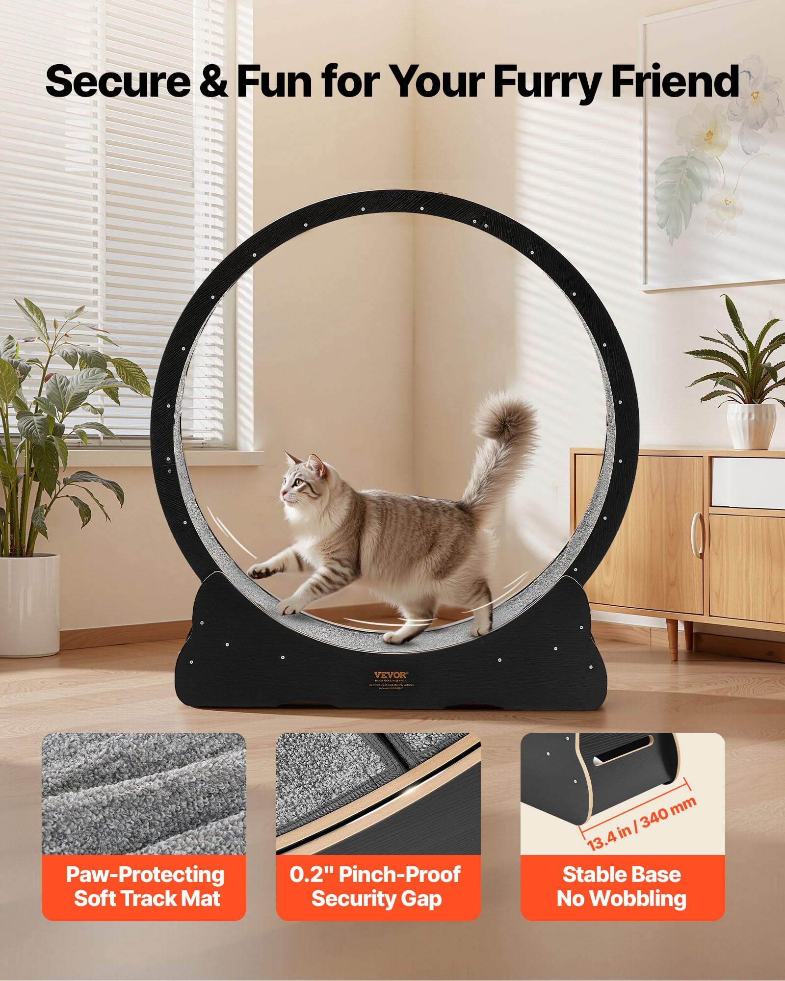 VEVOR Ruota per Esercizi per Gatti, Ruota per Correre in Legno da 120 cm per Gattini da Interno Fino a 12,7 kg, con Pista in Moquette e Meccanismo di Bloccaggio, per Animali Domestici, Fitness Nero