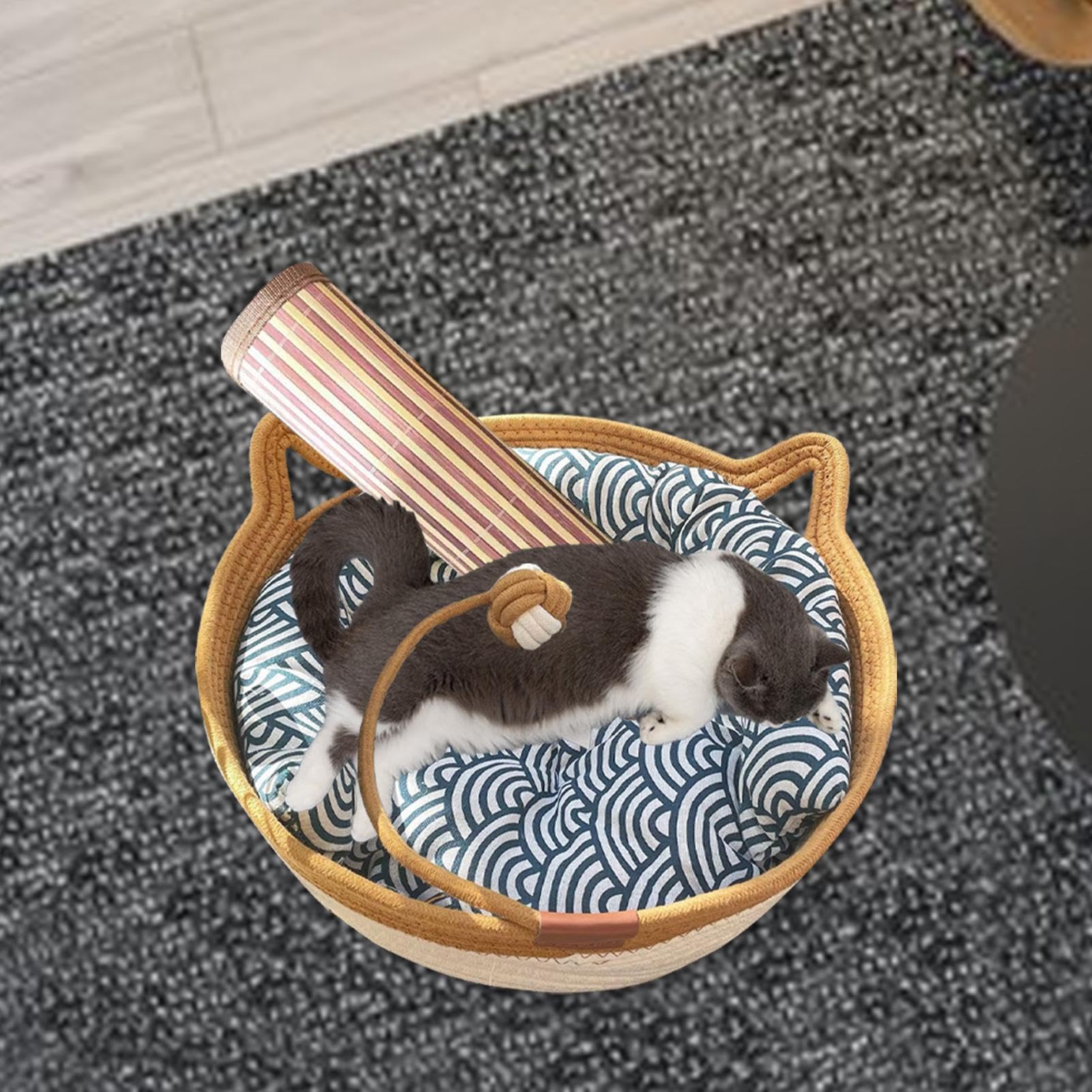 Nid de Panier de lit pour Chat, Panier de lit tissé pour Chat,Maison pour Animaux de Compagnie tissée à la Main avec Balle de Corde à Jouer | Tampon à gratter en Forme de Chaton en Lin de Coton