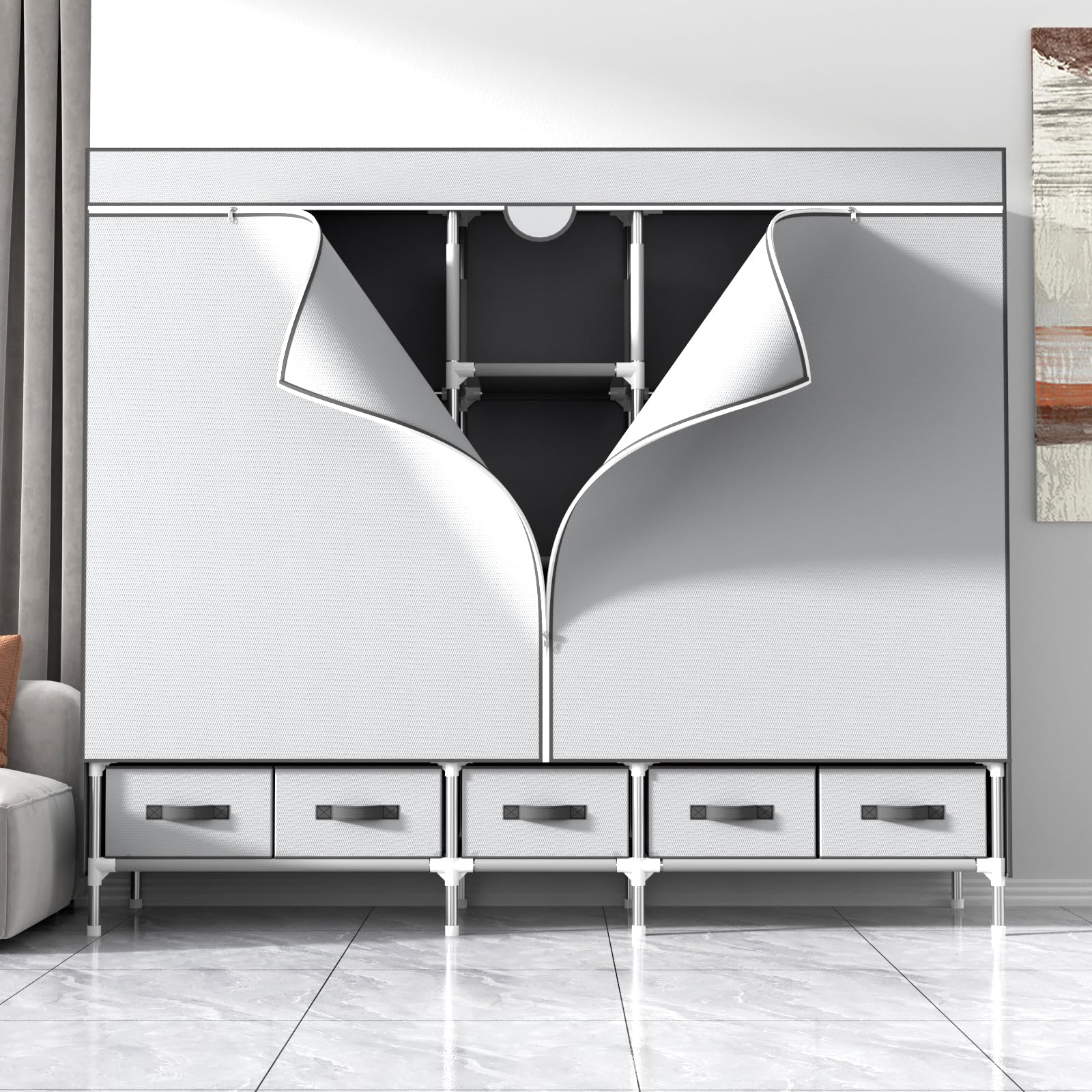 Kleiderschrank,Schlafzimmer Stoffschrank,Kleiderstander mit Schubladen,Faltbar Garderobe mit 2 Kleiderstange