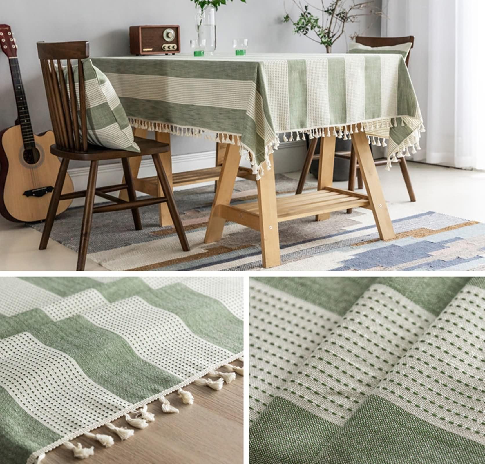 Mantel Rectangular Verde Lavable Exterior, Rayas con Borlas, de Poliéster Fácil de Limpiar, 140 x 160 cm, Mantel para Restaurante