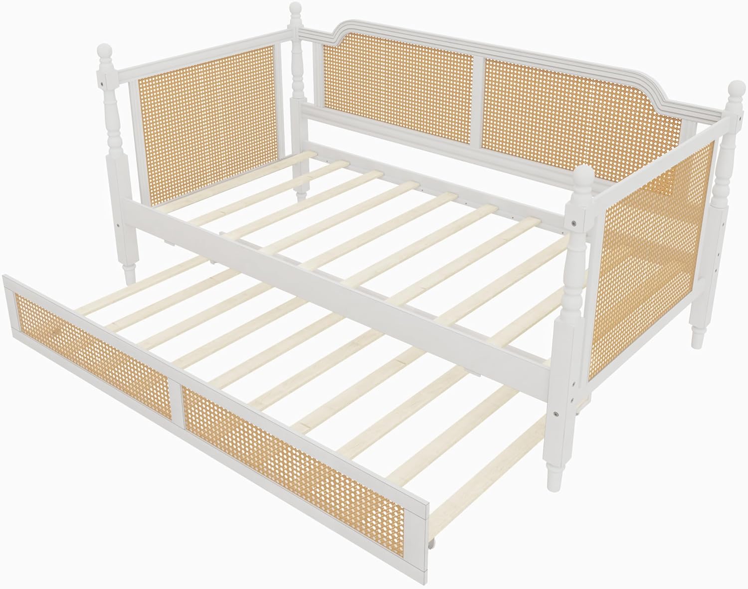 Traditional Style Rattan Twin Size Daybed with Twin Size Trundle, Wood Daybed Frame for Limited Space, Guest Room,Bedroom, Dormitory, Apartment (Twin+with Trundle/Antique White)
