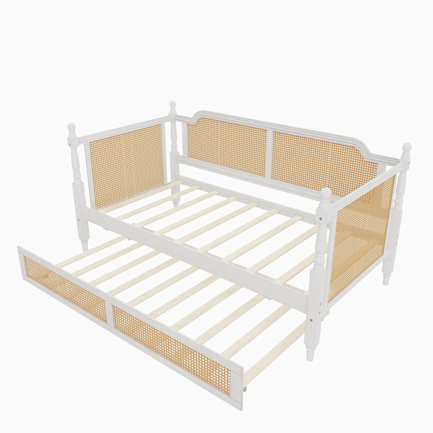Ball & Cast Twin Size Daybed with Twin Size Trundle,Traditional Style Rattan Day Bed for Adults and Kids,No Box Spring Needed,Bedroom Furniture for Apartment,Guest Room,Living Room,Antique White