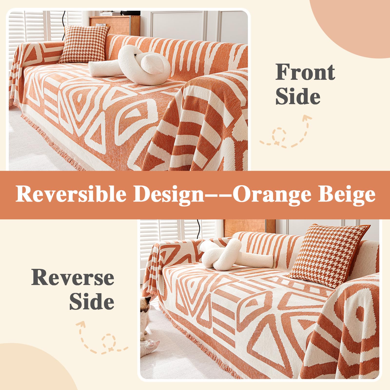 TAOTAOGO Sofa Cover 3 Seater Boho Chenille Corner Sofa Slipcover Washable L Shape Sofa Covers AB Sided Sectional Couch Cover with Tassel Furniture Protector for Pet All-Season A Orange 180x340cm - Image 2