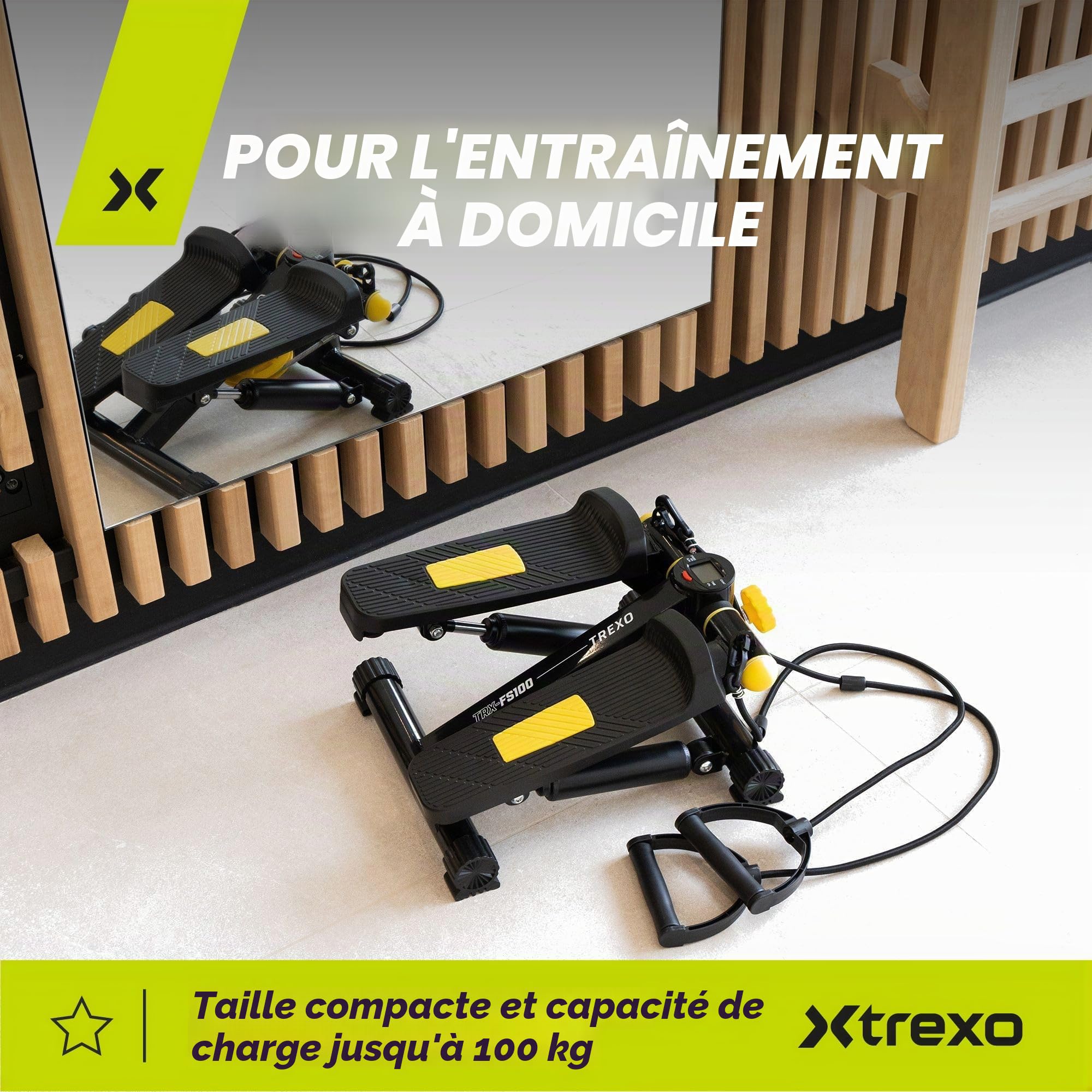 TREXO Stepper pour l'Entraînement à Domicile Fitness Cardio Hauteur des Pédales et Résistance Réglables Affichage Facile à Lire Câbles Robustes Capacité de Charge Jusqu'à 100 kg Noir/Jaune TRX-FS100
