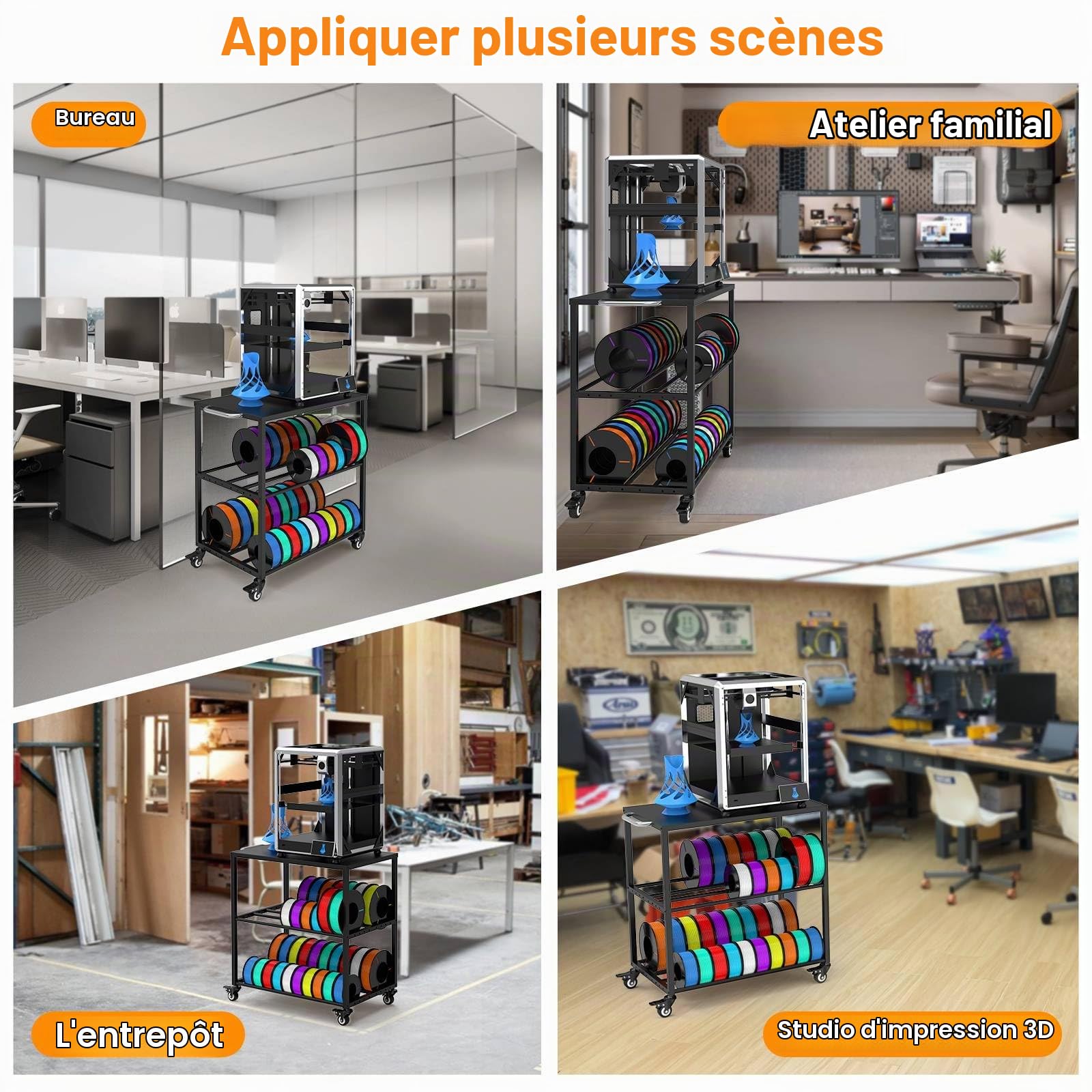Étagère de Rangement pour Filament d'imprimante 3D, Support de Bobine Filament Métal avec Roulettes, Rack Stockage pour Bobines PLA/ABS/TPU pour Atelier Bureau Domicile (Noir)
