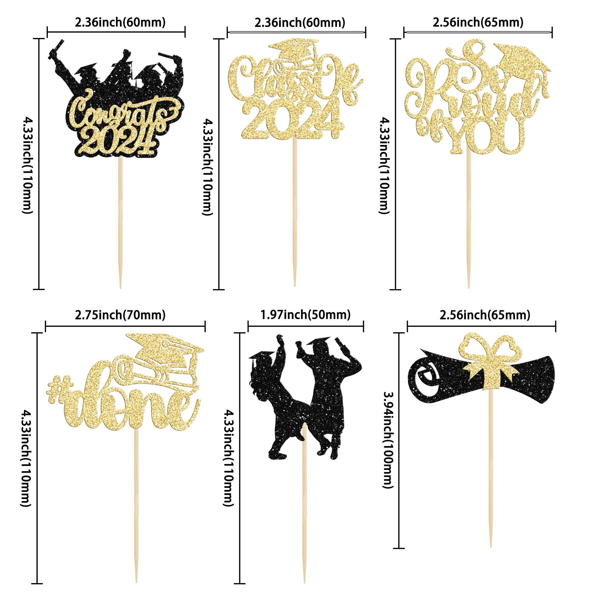 Gyufise 24Pcs 2026 Graduation Theme Cupcake Toppers Glitter Diploma Graduation Cap Cupcake Picks Done Class of 2026 Cake Decorations for 2026 Graduation Theme Party Supplies Gold - Image 2