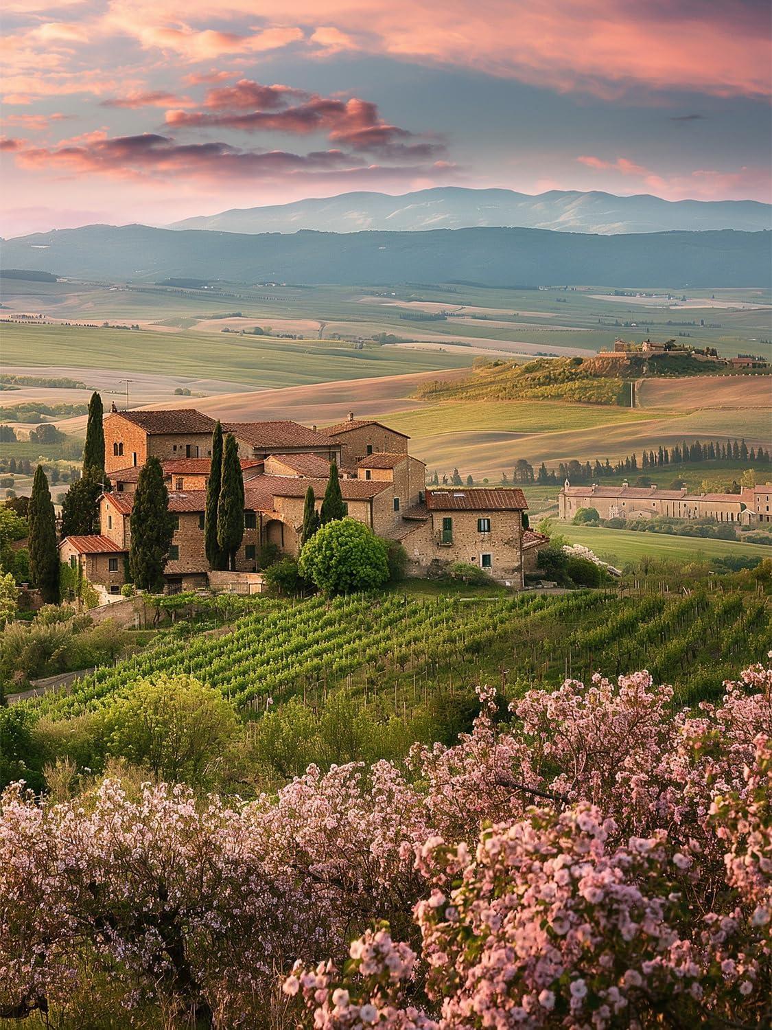 Tuscan Landscape with Vineyard and Flowering Trees, Sunset, Panorama, Italian Village, Nature Picture, Art Print, 30 x 50 cm, No Frame