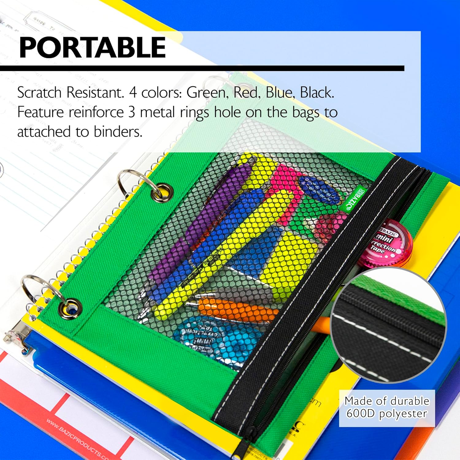 BAZIC PRODUCTS Pencil Pouch 3 Ring Binder Pouch w/Rivet Enforced Rings Holes, Assorted Color Mesh Window Zipper Pouches, 144-Pack