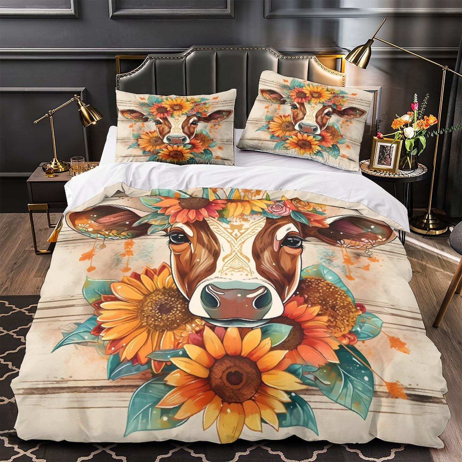 Housse de couette vache 260x220cm en microfibre douce avec parure de lit 3D enfant et adulte