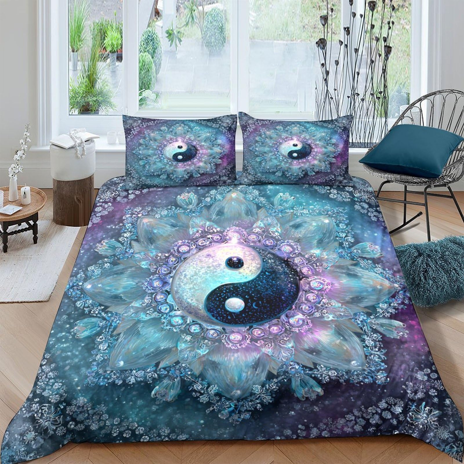 Yinyang Symbol 3-teiliges Reines Polyester Kosmischer Kunststil Bettbezug, Versteckter Reißverschluss, Krippenbettwäsche, Babysicher & Pflegeleicht King（220x240cm）
