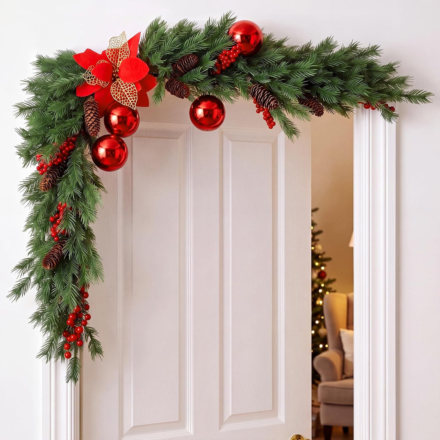 Thiccywoov 48 Inch Large Christmas Swags for Front Door with Poinsettia