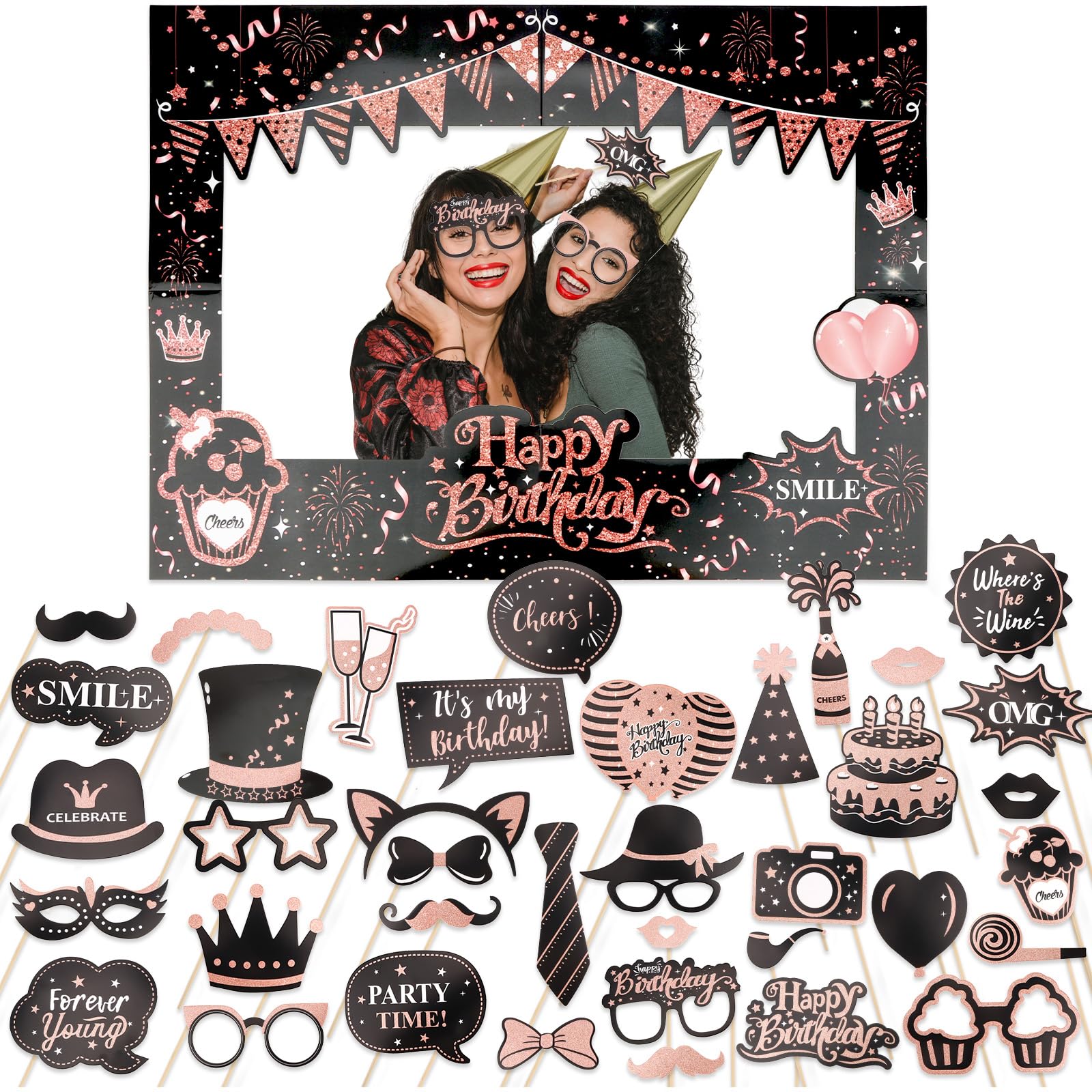 38pcs Birthday Photo Booth Props with Frames, Rose Gold Party Decorations, Perfect for Family Gatherings & Adults Friends Dinner, Funny Selfie Photo Props for Birthday Party Favors