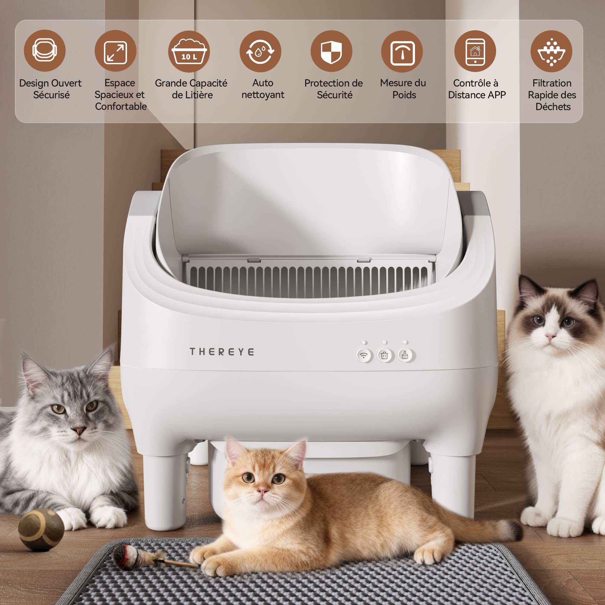 Thereye Litiere Chat autonettoyante avec Application et capteur de sécurité, Ouverture silencieuse, élimination des odeurs, pour Chats de 1,5 à 12,5 kg, Triple Protection Anti-pinceme