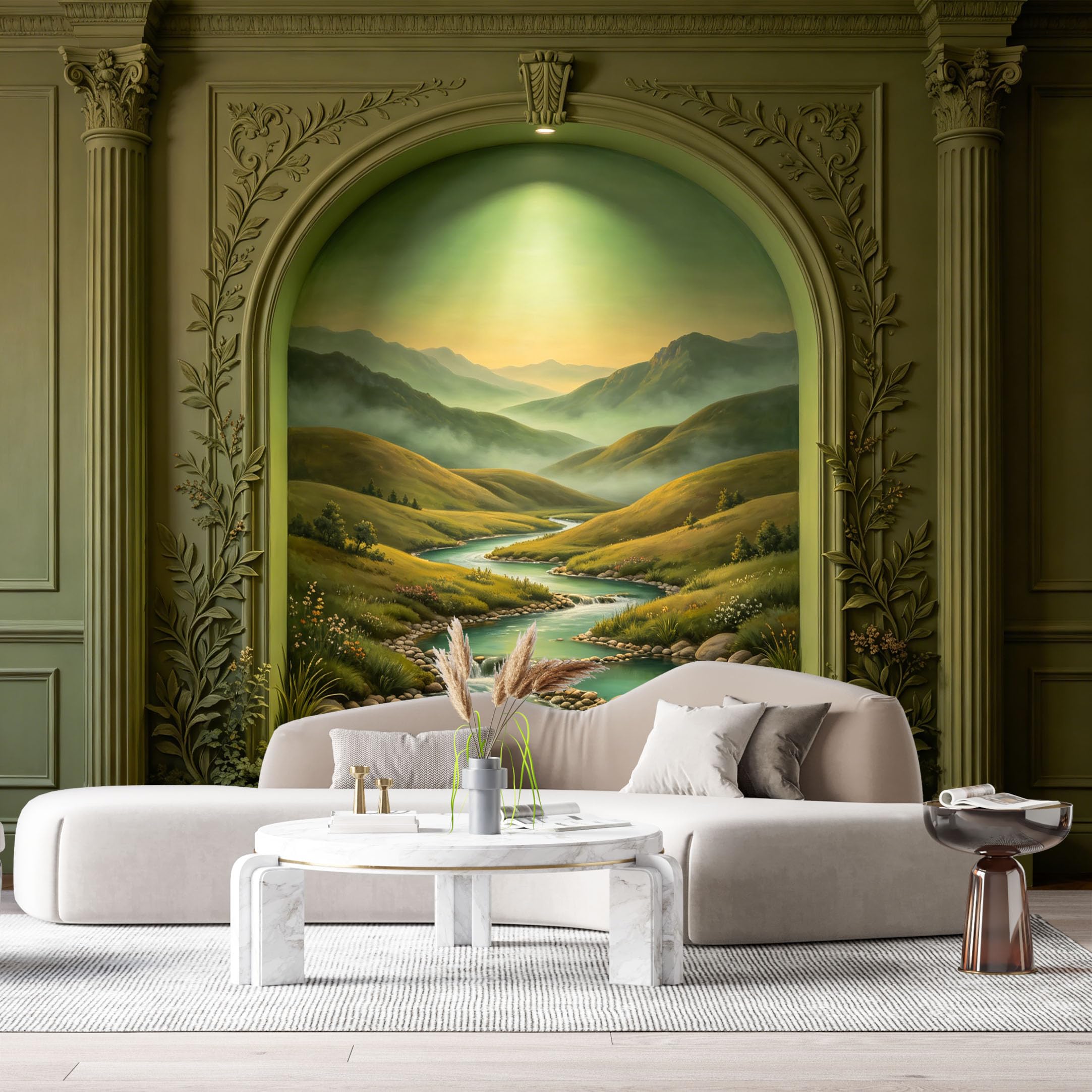 Custom Size Wall Murals Neoclassical Landscape Oil Painting River Mountain 3D Trompe L'Oeil SelfAdhesiveWall Fabric Removable Wallpaper Wall Decor for Living Room Bedroom Bathroom
