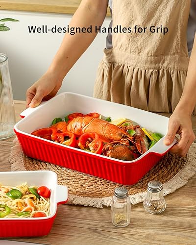 Miniatura 4 de Hasense Juego de 3 cacerolas para horno, platos rectangulares para hornear, sartenes de lasaña de porcelana con asas, juego de sartenes de cerámica