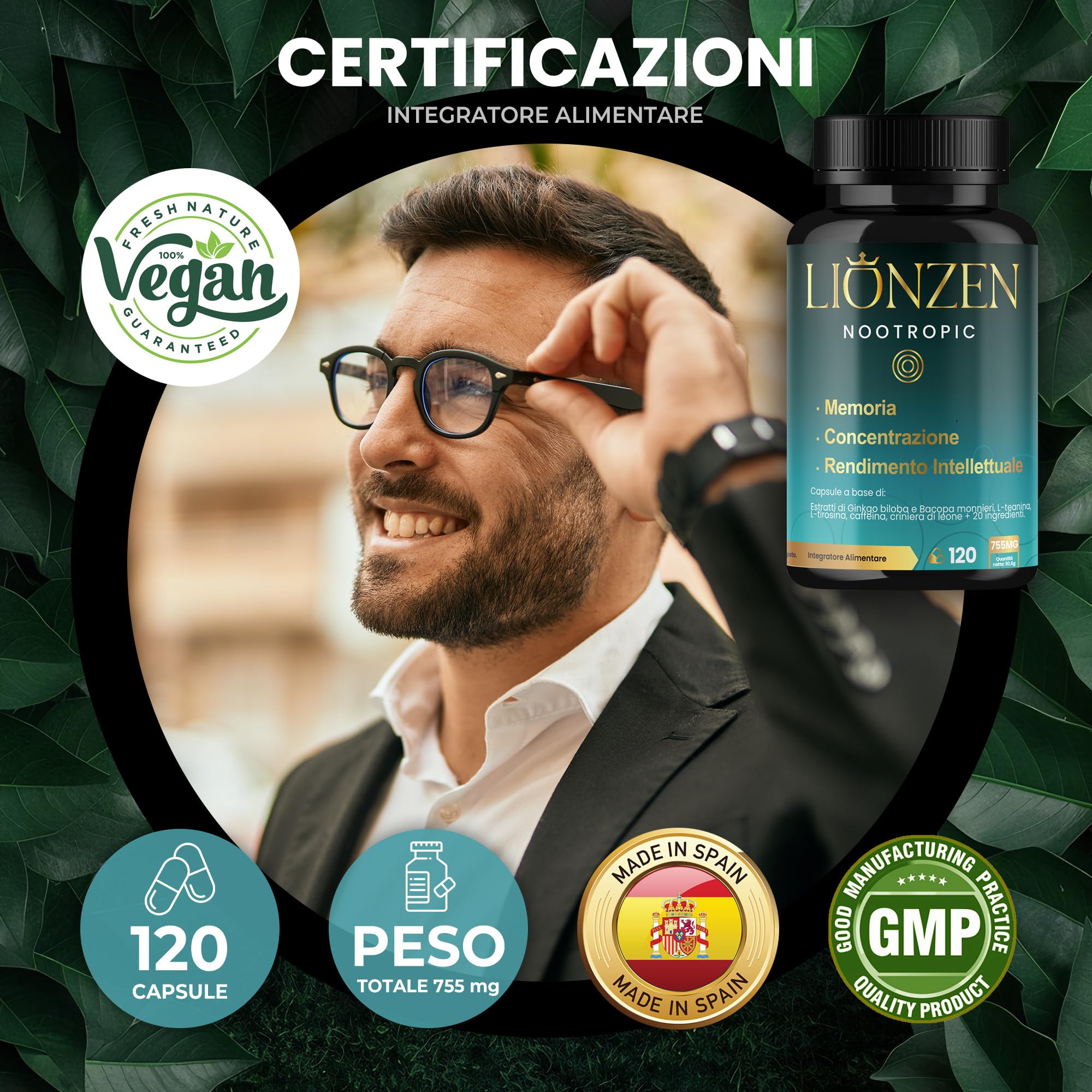 Nootropico concentrato Memoria e Concentrazione | +23 ingredienti naturali: Bacopa, Ginkgo Biloba, Caffeina, Hericium Erinaceus, Vitamine, Magnesio, L-Tirosina, Ashwagandha, Ginseng