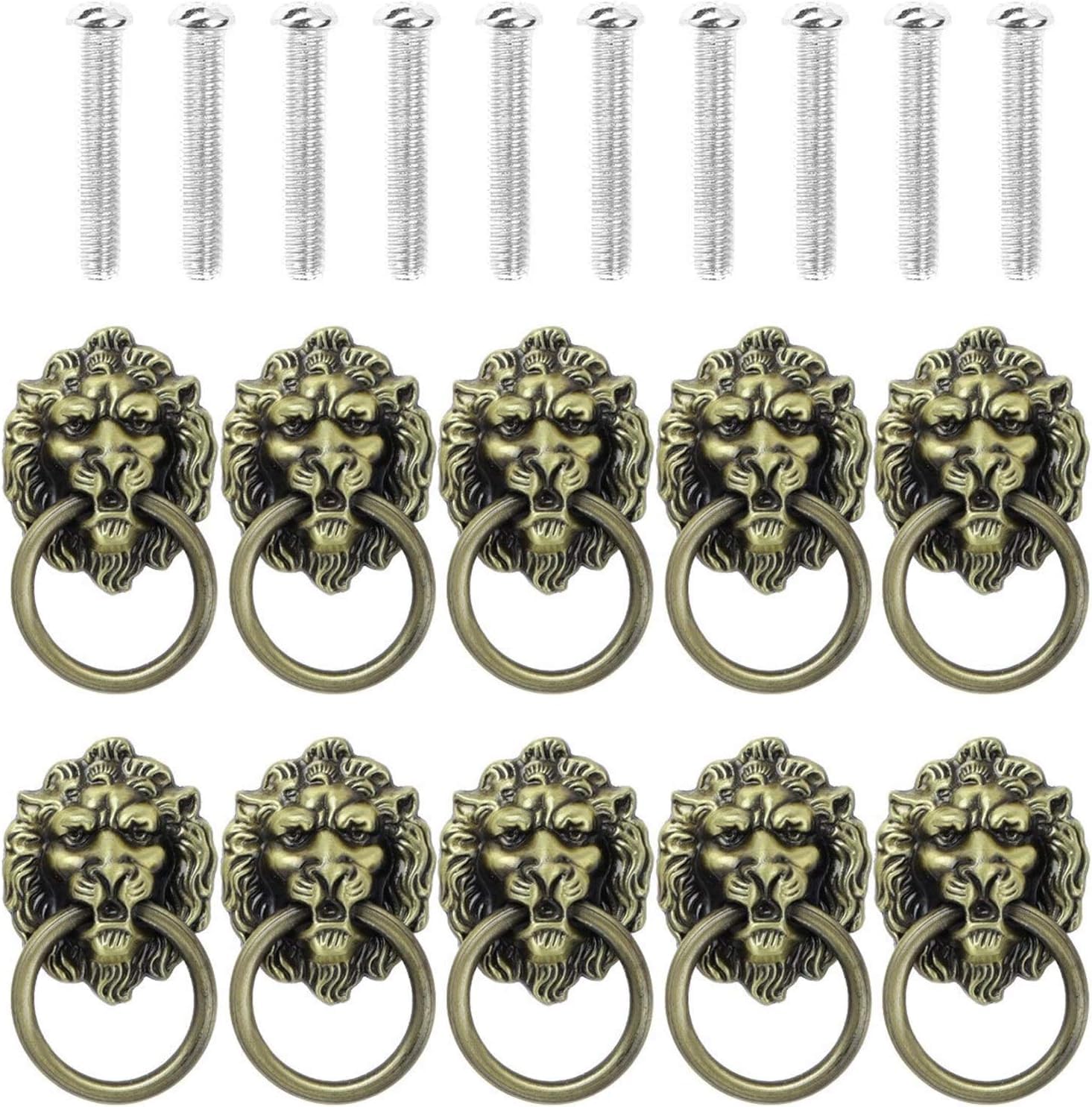 Zhaoqin 10Pcs Antique Bronze Door Knocker Door Knockers 10Pcs Lion Head Zinc Alloy Knob Pull Handle Knocker Hardware Ring Furniture Mounting Screws Antique Pulls Knobs(10Pcs Antique Bronze)