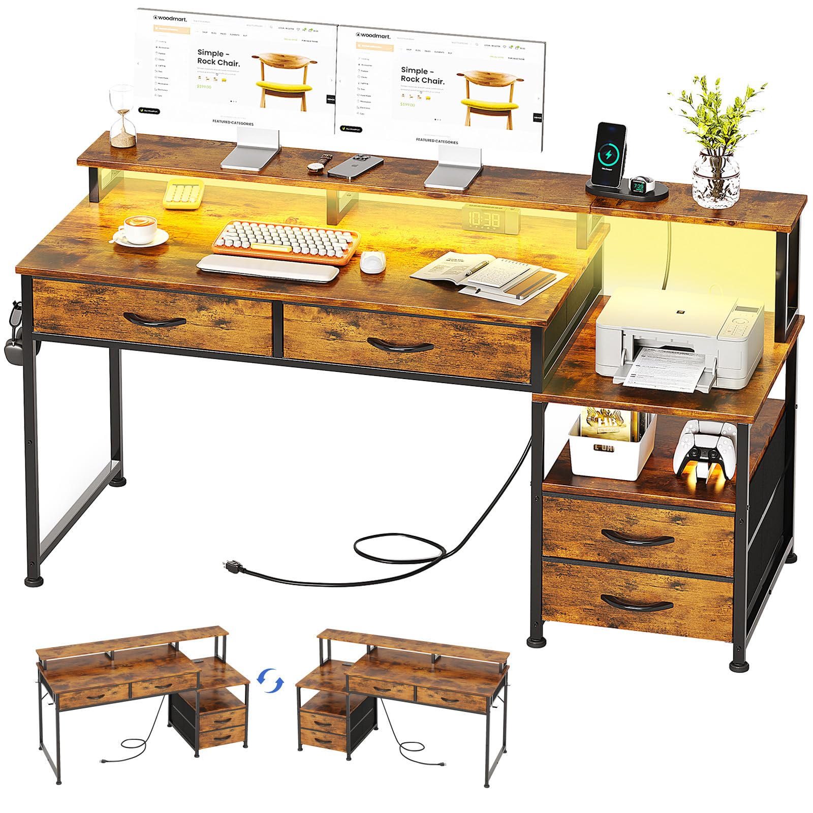 MUTUN 135cm Computer Desk with Power Outlet and Charging Station, Reversible Home Office Desk with Fabric Drawers and Monitor Stand, Wooden Desks with Storage, Study Table, Rustic Brown