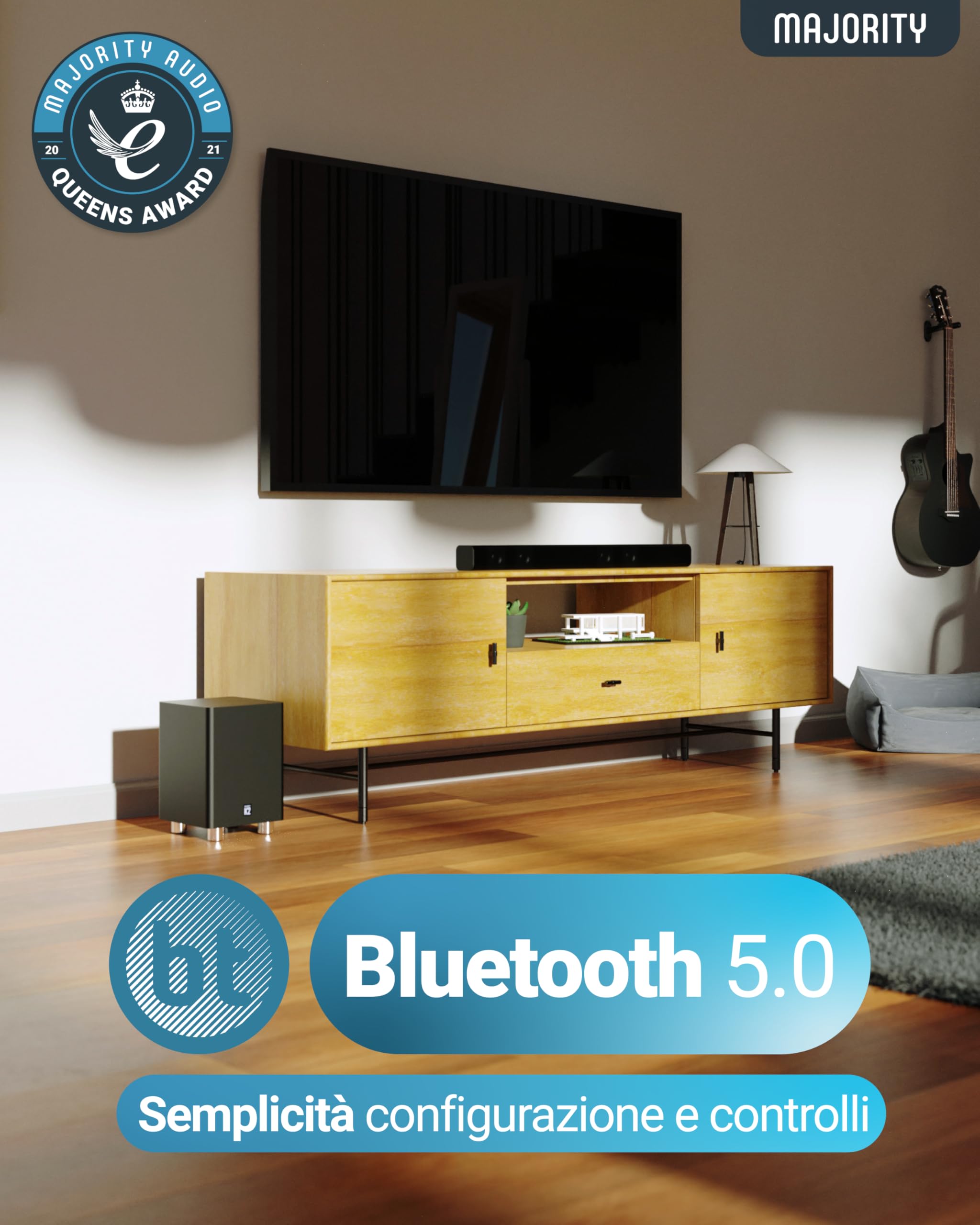 Majority 150W Barra Soundbar | 2.1 Home Theater Wireless | Sound Bar per TV con Suono 3D | Casse TV con Arco HDMI, Bluetooth, RCA e Connessione Ottica | Riproduzione USB e AUX K2 (Nero)
