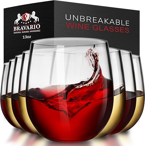 Bravario Copas de vino de plástico irrompibles sin tallo, reutilizables, 100% plástico Tritan inastillable, aptas para lavavajillas, sin BPA,