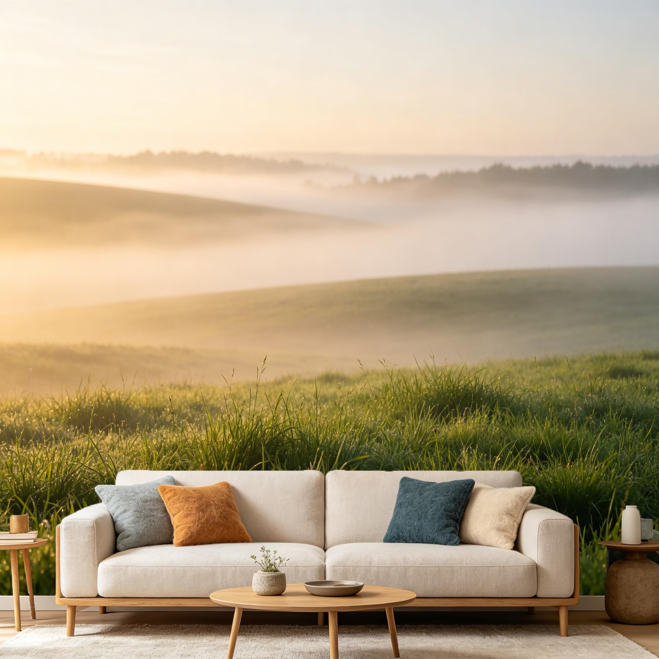 Custom Size Wall Mural Morning Mist Hill Landscape SelfAdhesive Art Prints wall Fabric（No PVC） Removable Wallpaper Home Bedroom Decor Nature Peaceful View Scenic