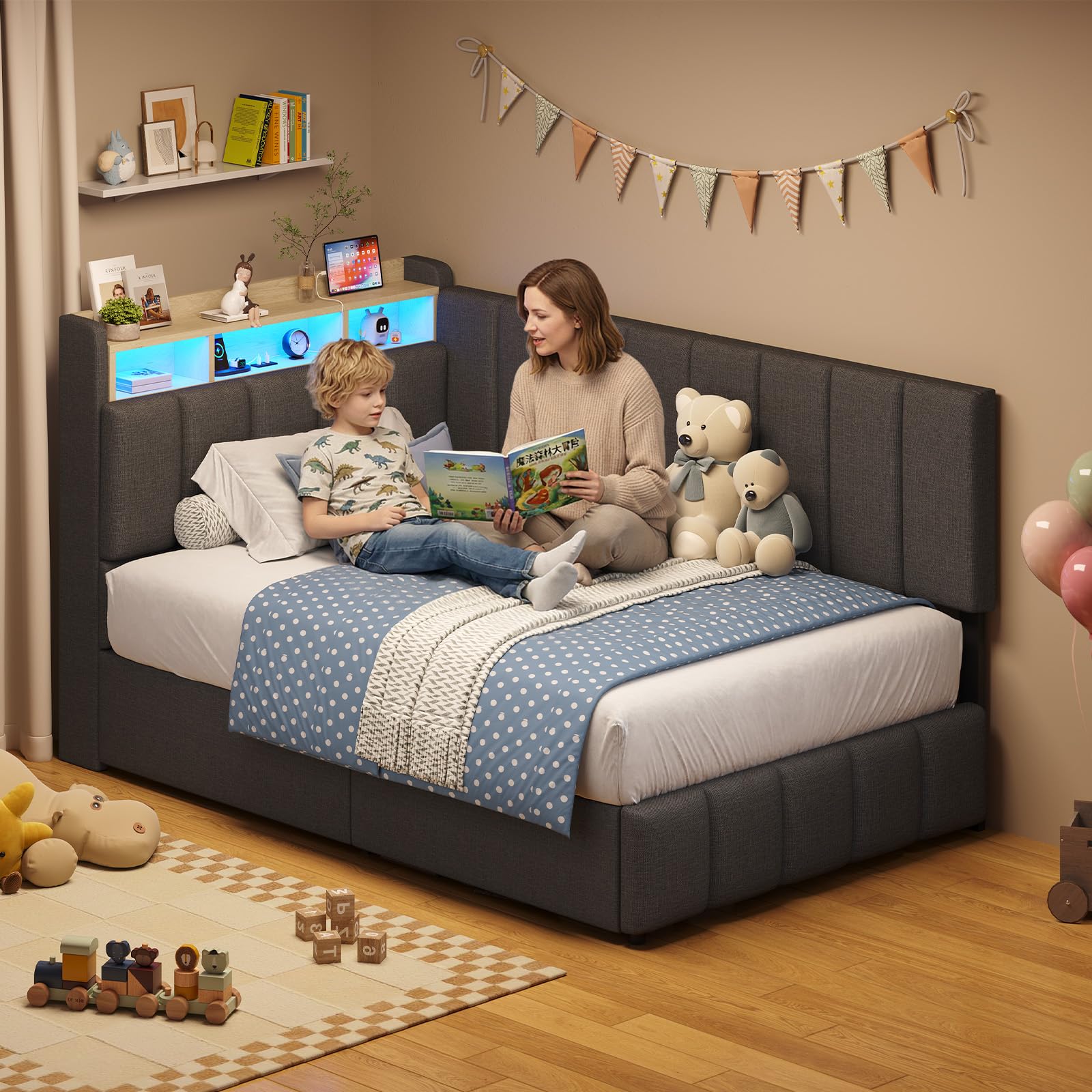 Polsterbett mit LED Beleuchtung, Jugendbett 90 x 200 cm, boxspringbett mit Ladestation, Kopfteil mit verstecktem Stauraum, Bettgestell mit großer Bettkasten, für Schlafzimmer, Gästezimmer, Grau
