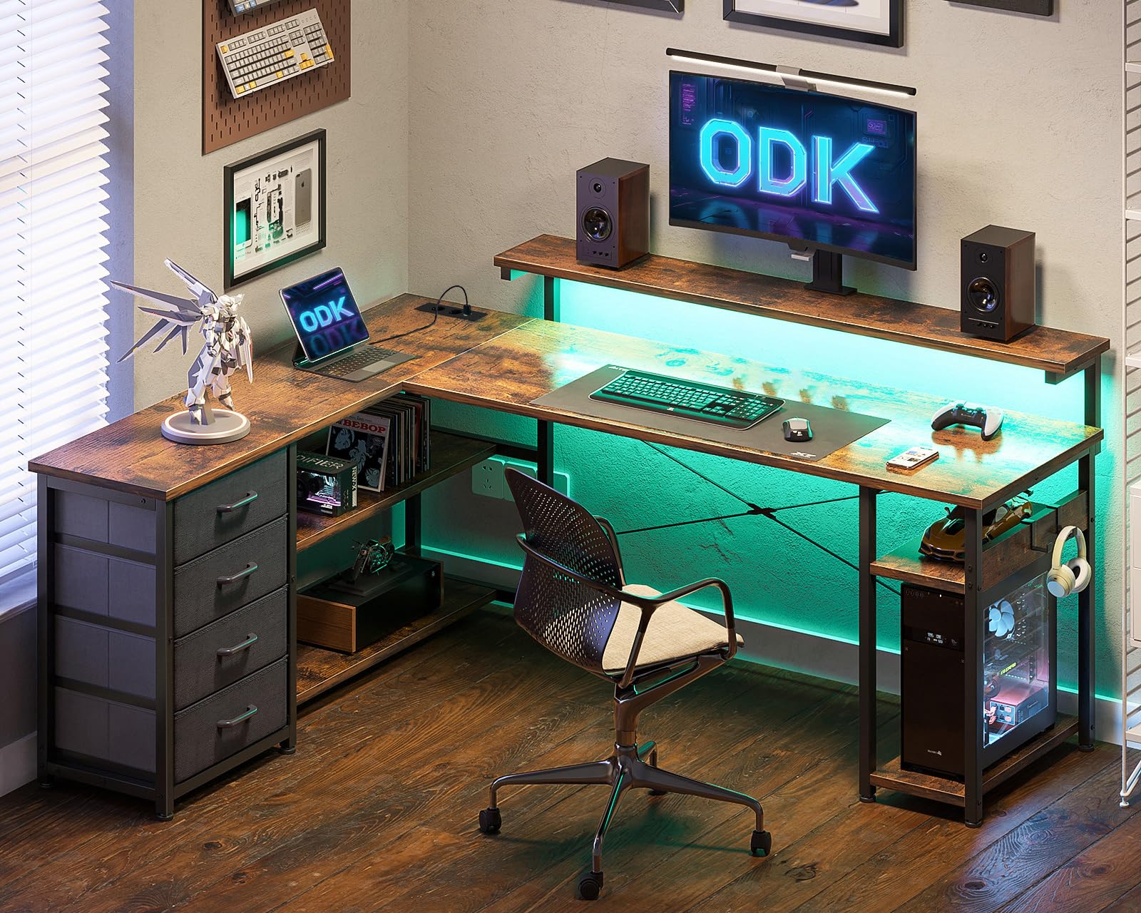 ODK Schreibtisch mit Schubladen, 155×110cm Reversible Eckschreibtisch mit 2 Steckdosen und 2 USB Ladeanschluss, Bürotisch L Form mit LED für Home Office, Vintage-braun