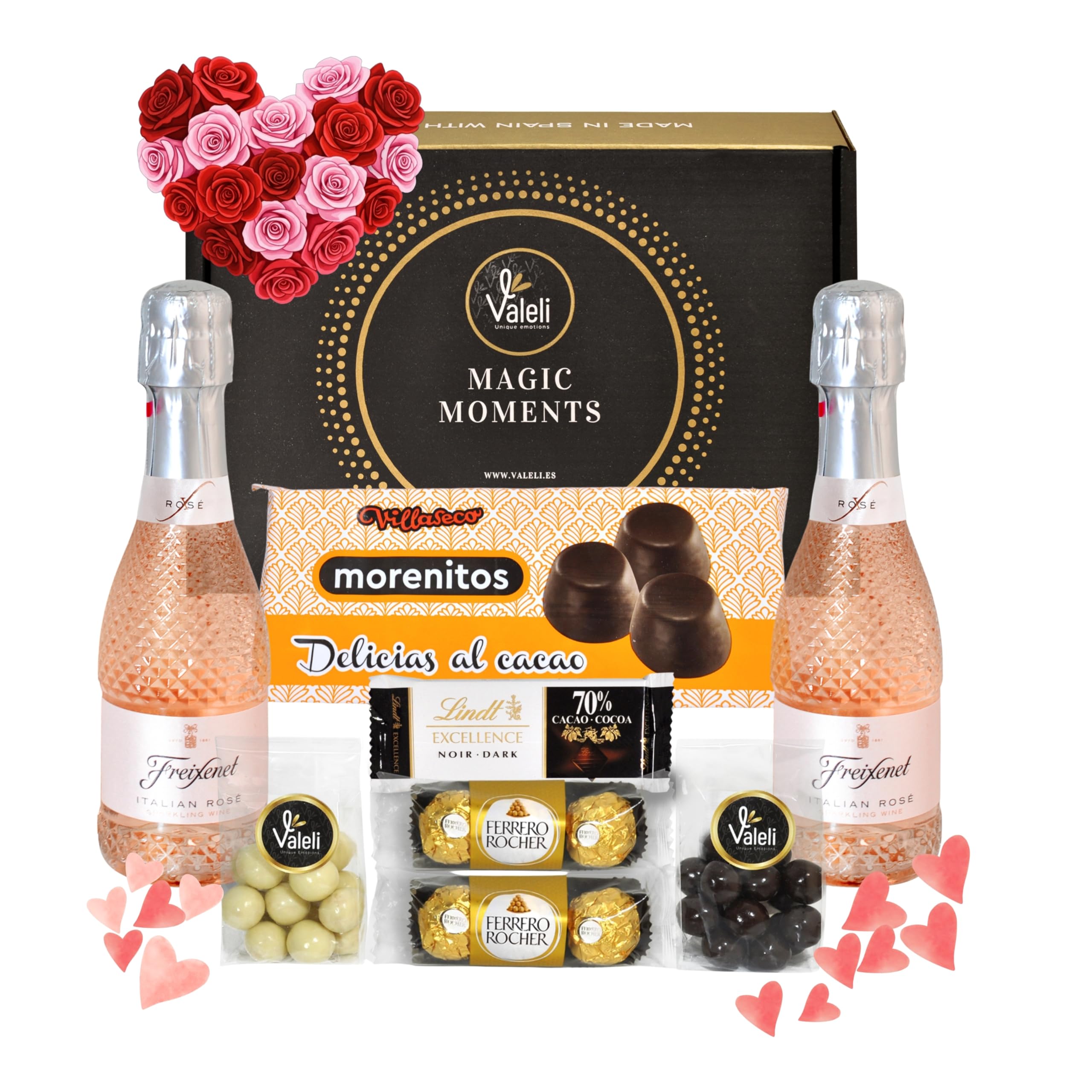 Valeli, Regalo original dia de la madre bombones Ferrero Rocher, chocolate,cava.Regalo original Navidad,San Valentín, Cumpleaños.Cesta delicatessen Estuche gourmet para regalar(ITALIAN ROSÉ)