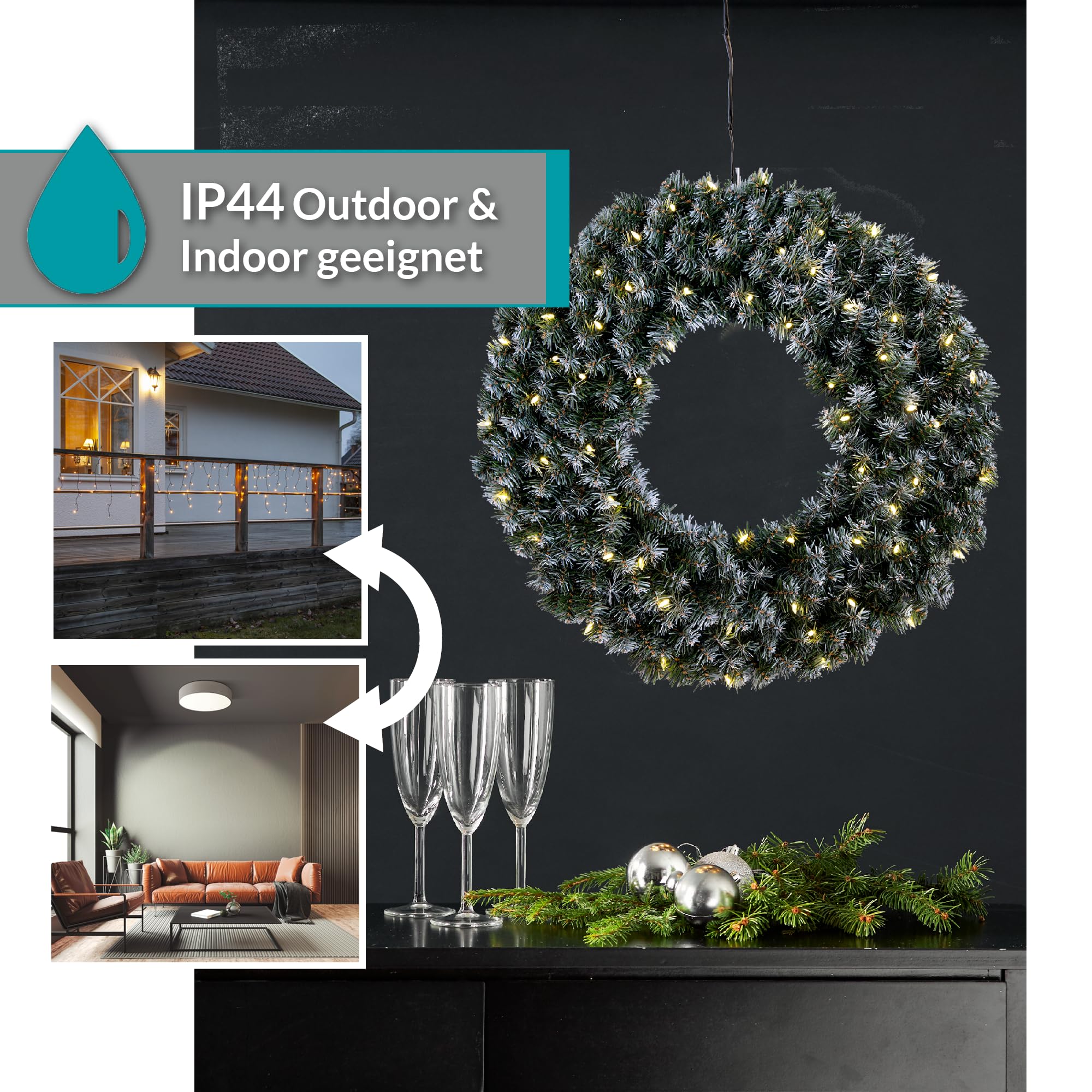 EGLO LED Weihnachtskranz, Kranz Weihnachten beleuchtet, Adventskranz in Tannengrün mit weißen Schnee-Details für innen und außen, warmweiß, mit Kabel, Ø 70 cm, IP44 | Adventskranz in Tannengrün mit weißen Schnee-Details für innen und außen, warmweiß, mit