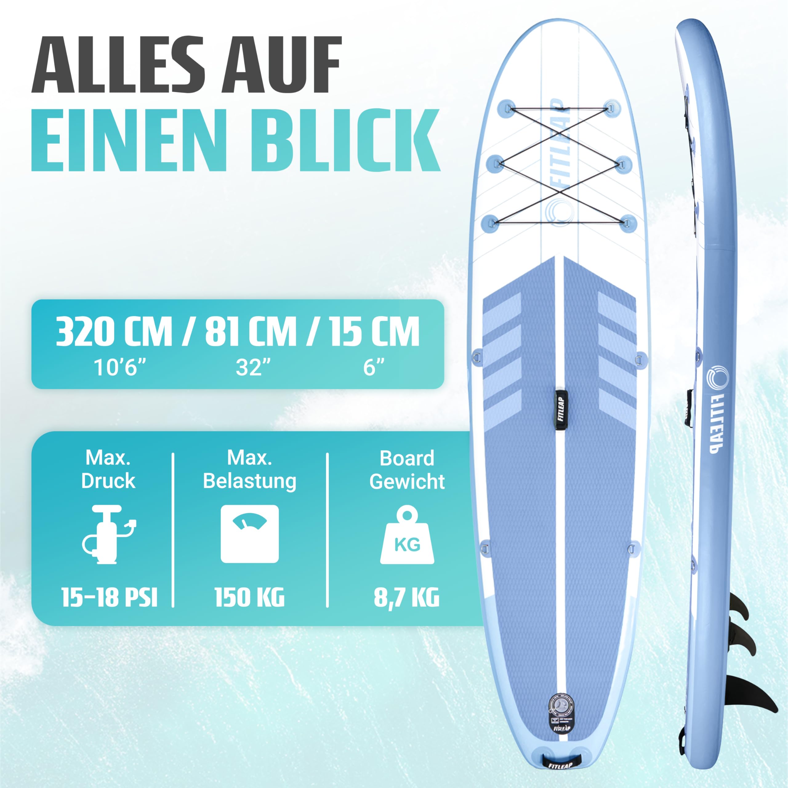 Fitleap Premium Stand Up Paddle Board aufblasbar - SUP Board Set mit Hochdruckpumpe, verstellbarem Paddel und Rucksack - Ideal für Anfänger und Profis - Perfekt für Yoga, Surfen und Wassersport