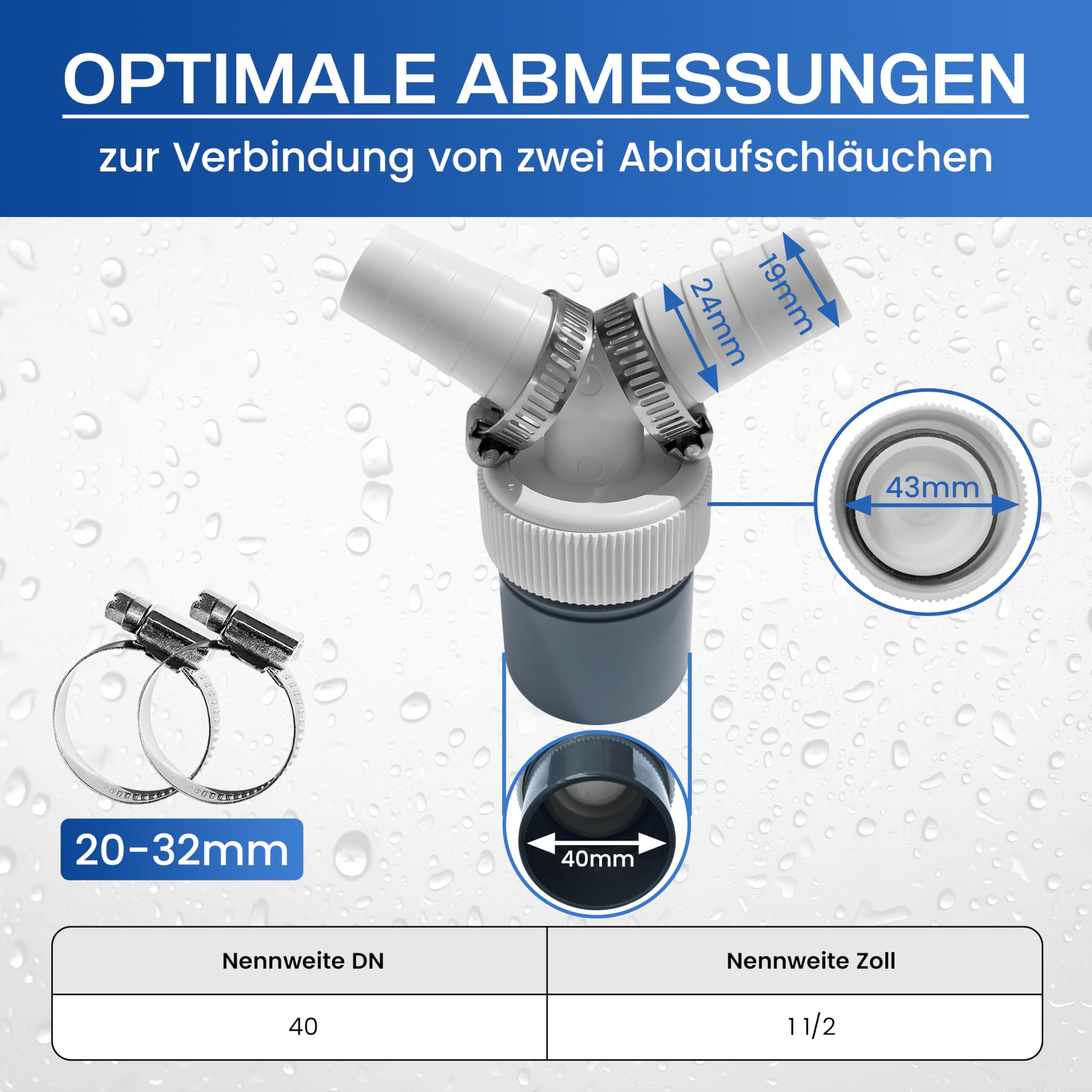 Doppelanschluss Y Ablaufadapter DN25 Für Waschmaschine Spülmaschine 2.5 Cm Rohranschluss Mit Dichtungsschellen Platzsparend 45 Grad Design