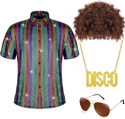 Juego de 4 piezas de disfraz de discoteca de los años 70 para hombre, incluye lentejuelas de manga corta, camisas brillantes, collar de discoteca
