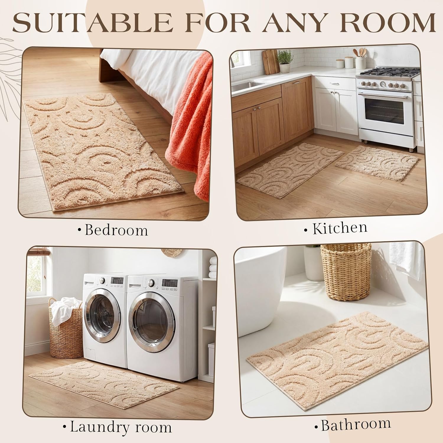 Drydiet 2 Pcs Boho Beige White Toilet Rug Rectangle Shaped Toilet Mat Washable Soft and Absorbent Bathroom Rugs Non Slip Bath Mat Machine Wash Bohemian Decor (Beige White, 20" x 32" Plus 17" x 24")