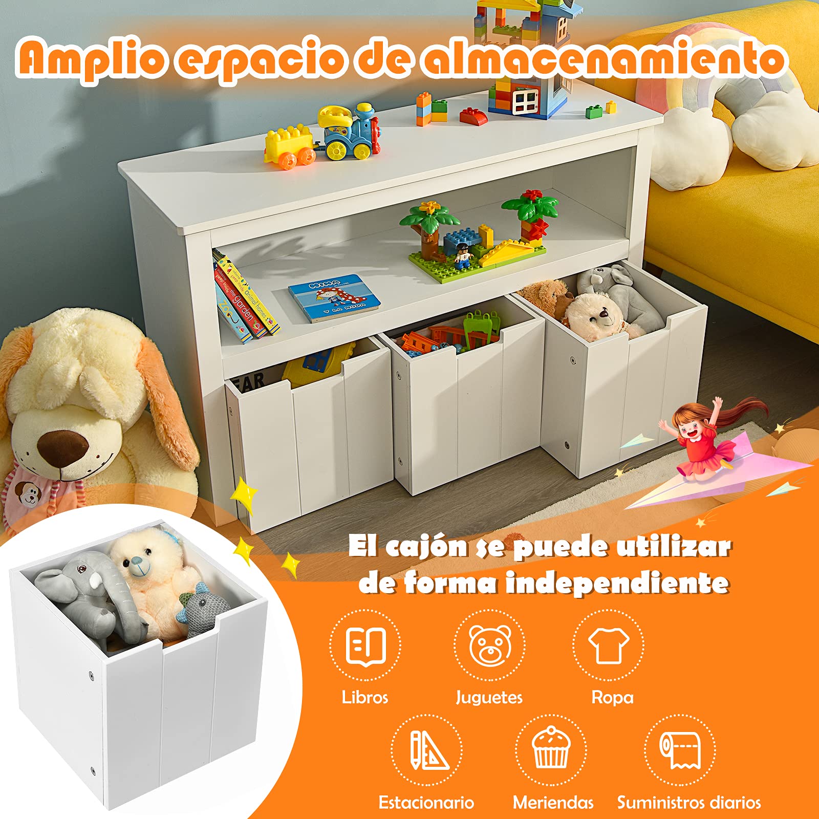 COSTWAY Armario con 3 Cajones, Estante de Madera con Ruedas y Cubos para Juguetes de los Niños, Amplio Espacio, Organizador Duradero para Salón/Dormitorio/Cuarto de los Niños (Blanco)