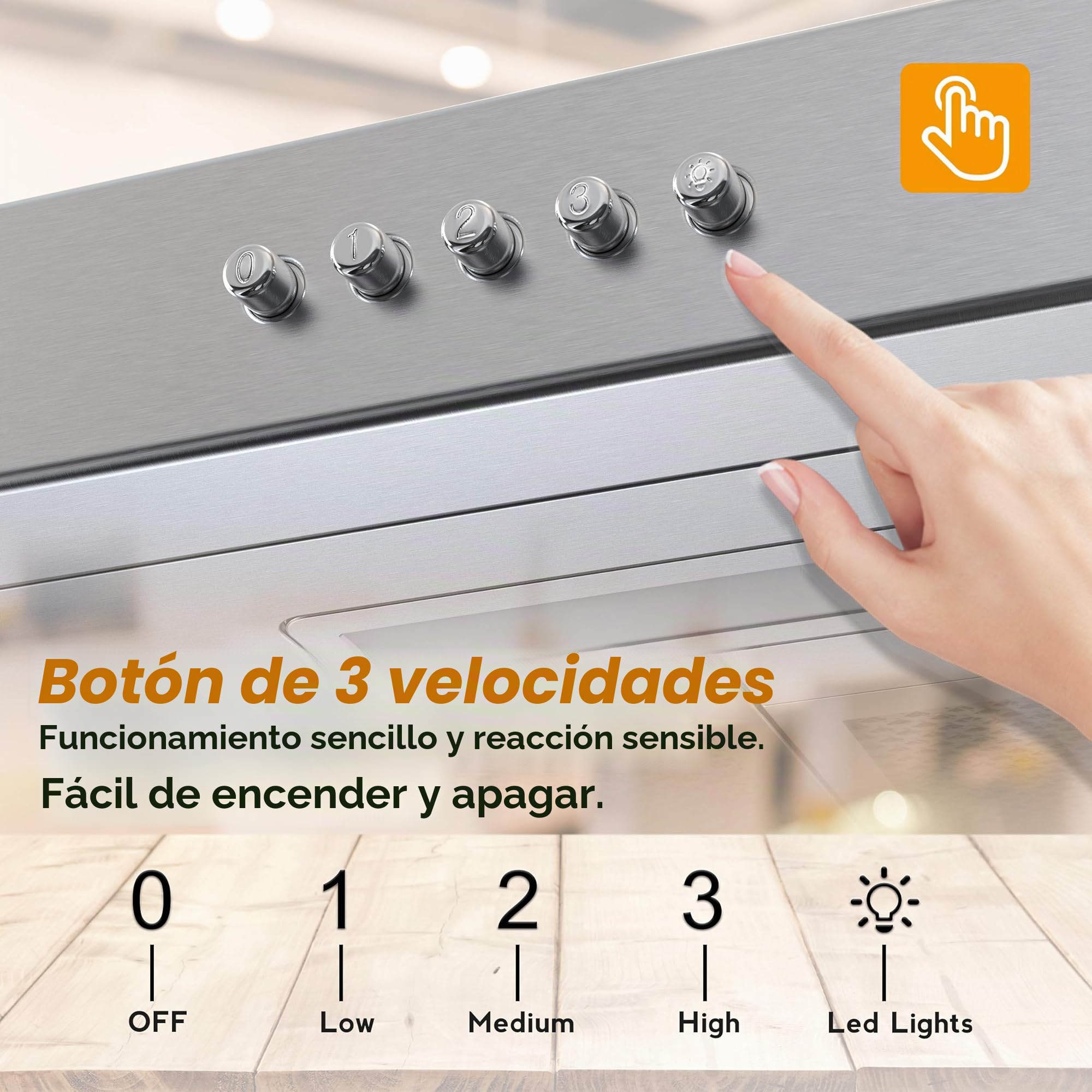 FIREGAS Campana extractora inferior de 60 cm, 3 niveles, campana de escape/recirculación, iluminación LED, incluye filtro de carbón activado, plata