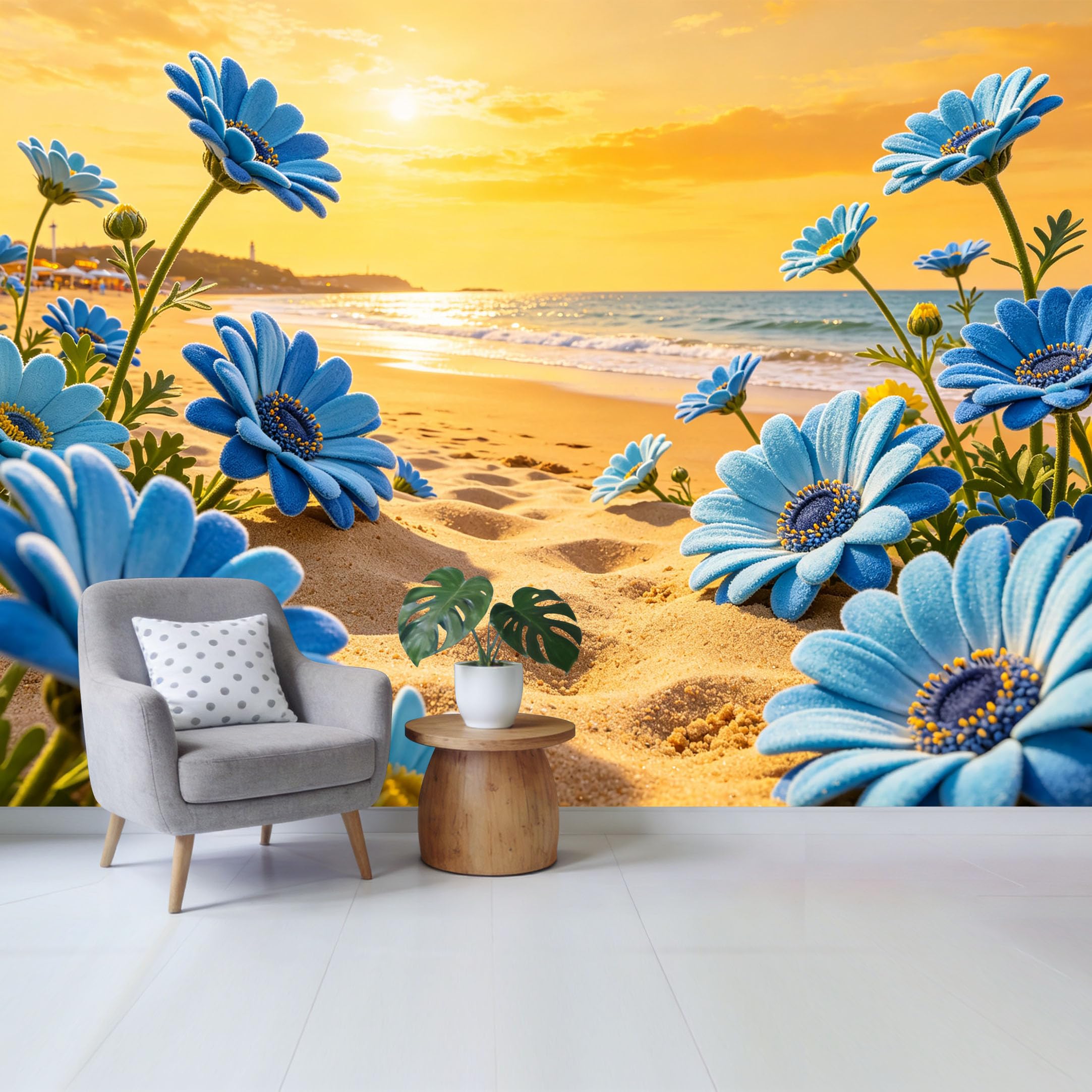 Qzlithotic Yq2605250624 Custom Size Wall Mural Blue Daisy Flower Tropical Beach Sunset Scenery Coastal Botanical Selfadhesive Wall Fabric Removable Wallpaper For Home Office Decor
