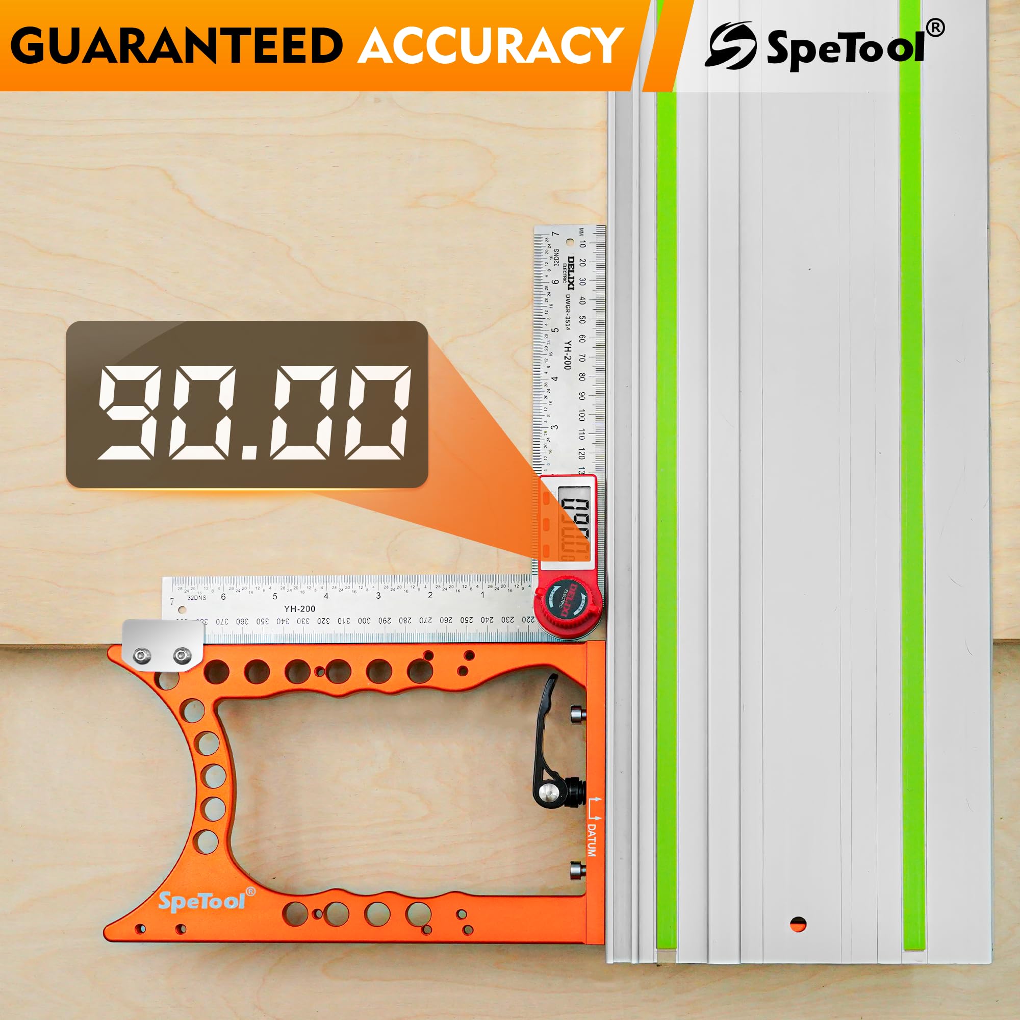 SpeTool Sierra cuadrada de precisión de 90°, ángulo recto de ±0.01°, carril de guía de sierra de carril, bloqueo rápido y protección de riel, extra grande y grueso, compatible con Festool, Makita